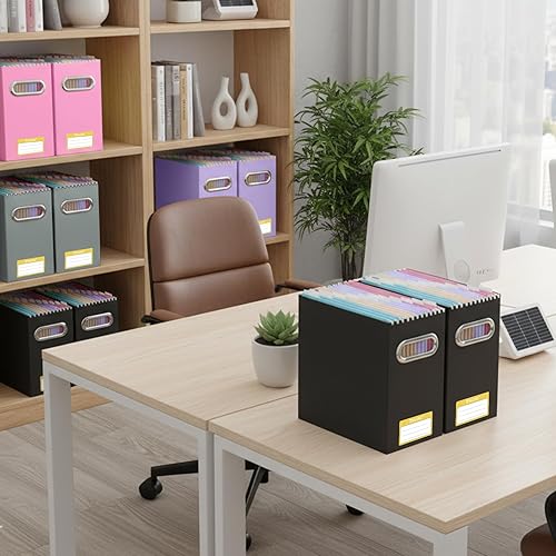 Miniatura 2 de BALEINE Caja organizadora de archivos, organizador de carpetas de archivos de cartón con asa para tamaño carta, caja de archivos plegable portátil