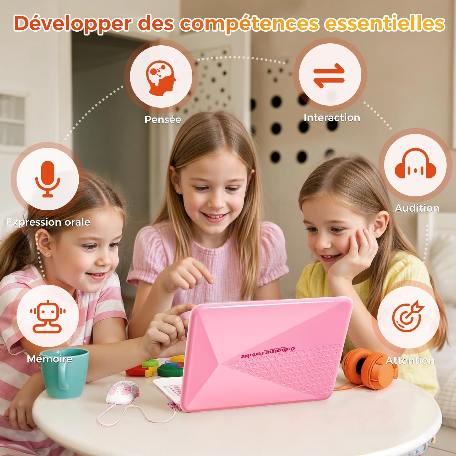 Ordinateur Enfant - Ordinateur Éducatif Bilingue - Jouet Fille avec 130 Jeux pour Apprendre l'Anglais, Le Français, Les Maths, Cadeau d'anniversaire de Noël pour Garçons Filles - Rose