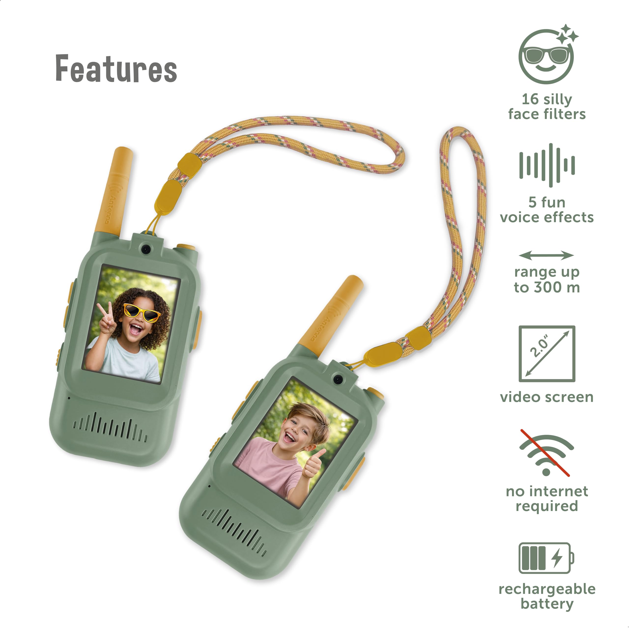 ZAZU Video Walkie Talkie para niños con cámara, juego de 2, alcance de 300 m, pantalla de 2,0 pulgadas, recargable por USB, 5 efectos de voz y 16 filtros, radio con vídeo para interior y exterior