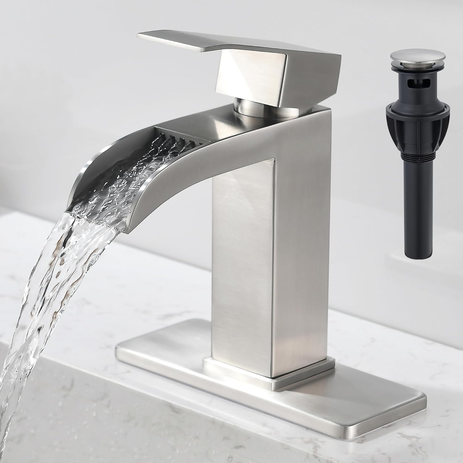 Brushed Nickel Waterfall Bathroom Faucet - Single Handle Sink Faucets Bathroom 1 Hole or 3 Hole for 4In | Modern Solid Brass Vanity Faucet with Deck Plate & Overflow Pop Up Drain