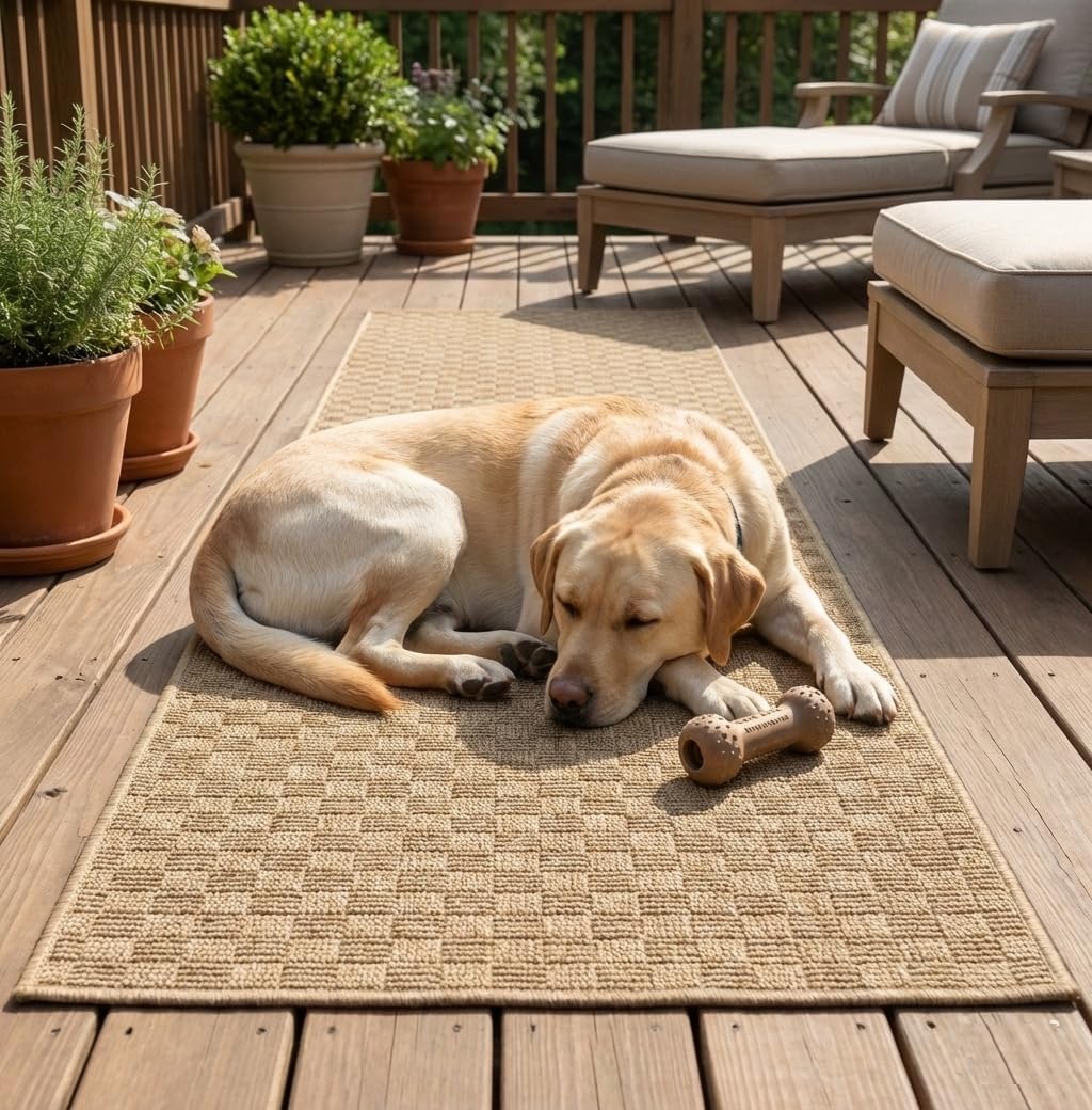 Well Woven Custom Size Indoor Outdoor Runner Rug - 26 Inch Wide (26' x 17' Runner) - Alto Heritage Natural Beige Pet Friendly Flatweave Hallway, Stairs, Patio, RV, Kitchen High Traffic Areas