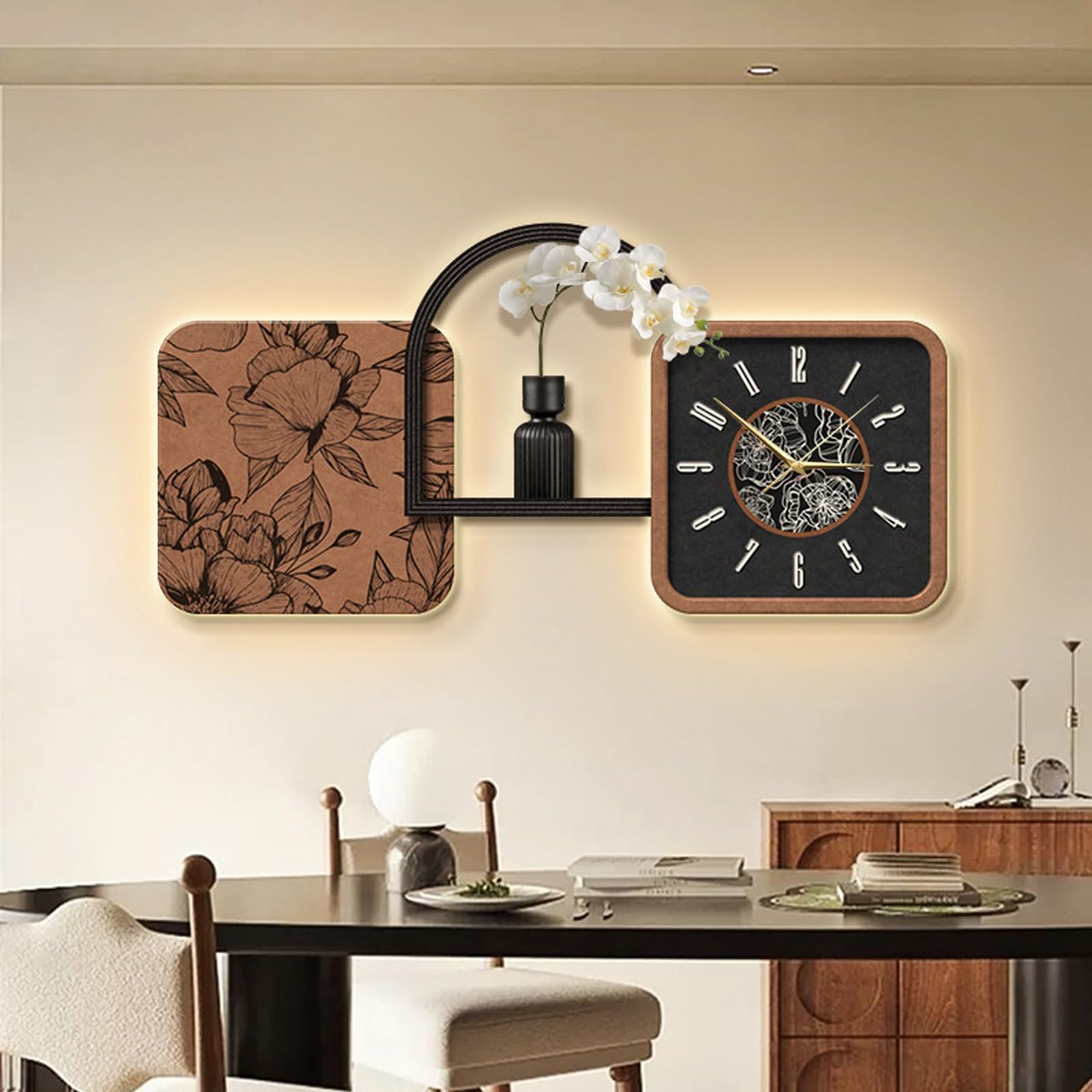 ITOSUI Decorative Creative Wall Clock with LED Light,Multifunctional 3D Wall Hanging Painting Modern Art with Glass Vase,Silent Non Ticking,for Living Room Bedroom Dining Room(Brown B,47.2 * 23.6")