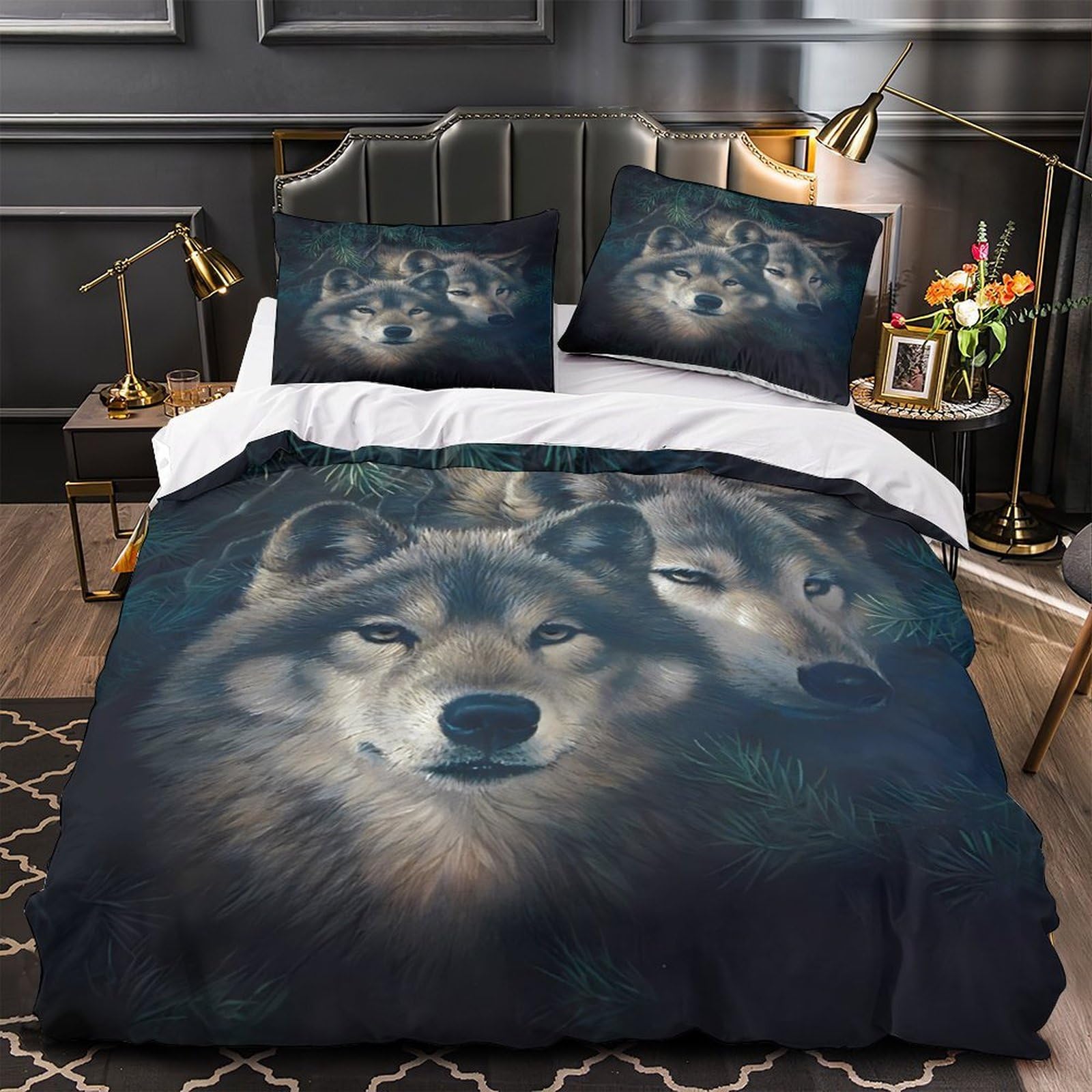 MMDASBVPE Wolf Pair Duvet Cover 3D Print Durable 3 Pcs Bed Linen Hidden Zipper Wild Forest Quilt Cover Premium Breathable for Kids Adults Women Teens Youth Girls Boys King（220x240cm）