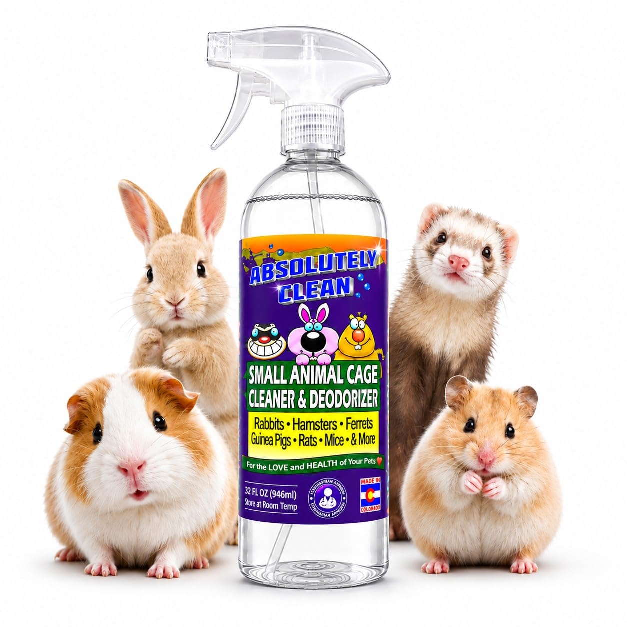 Absolutely Clean Amazing Small Animal Cage Cleaner, Just Spray/Wipe, Easily Removes Messes &amp; Odors - Hamster Cages, Mice, Rat Cage, Guinea Pig Cage, Rabbit Cage, Ferret Cage, Dog Cage - USA Made