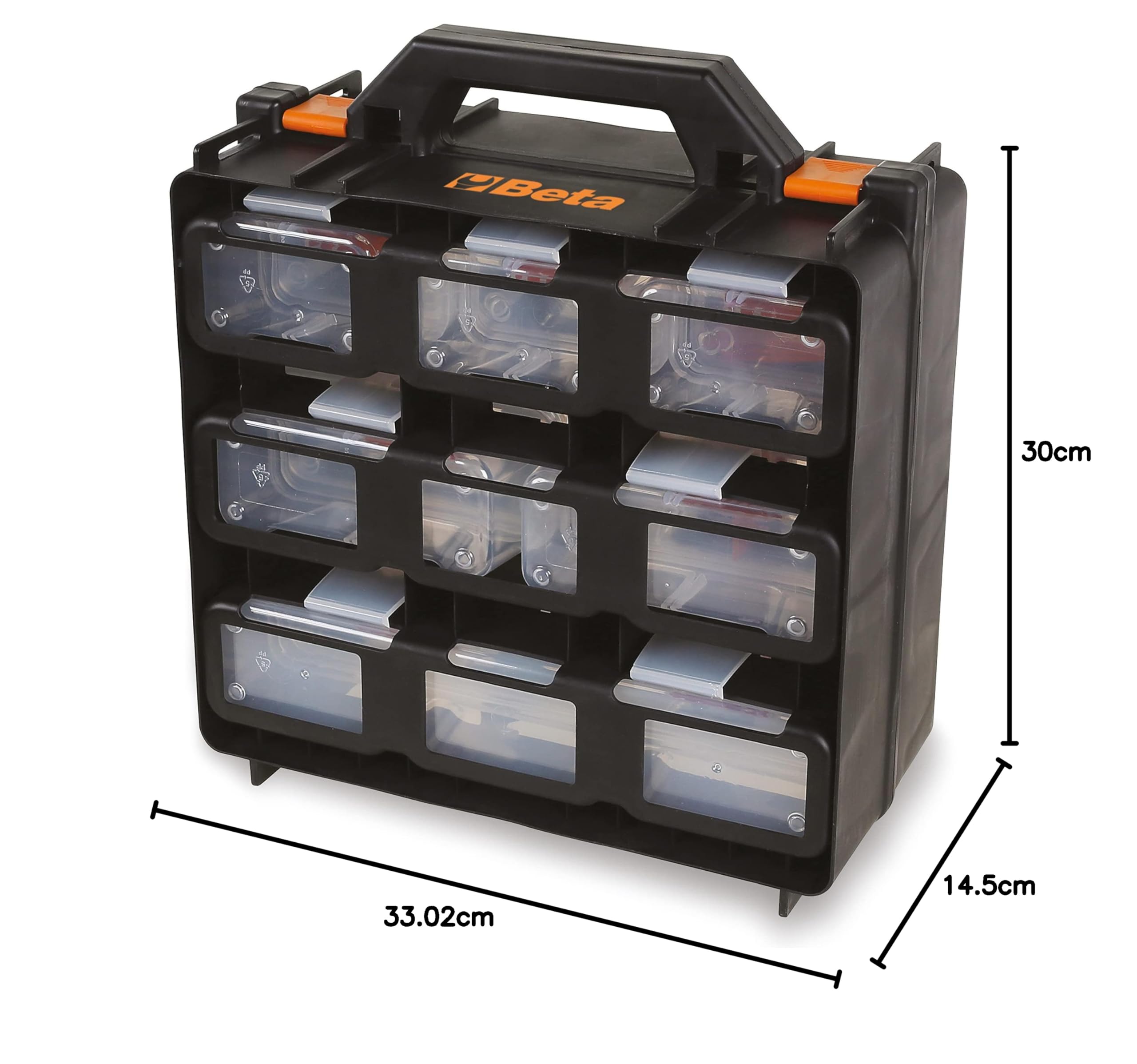 BETA - Valigia Organizer con 12 Vaschette Asportabili Trasparenti per Minuteria e Piccoli Componenti, Valigia Porta Utensili Compatta con Contenitori Rimovibili per Officina, 300x145x330 mm, 2080/V12