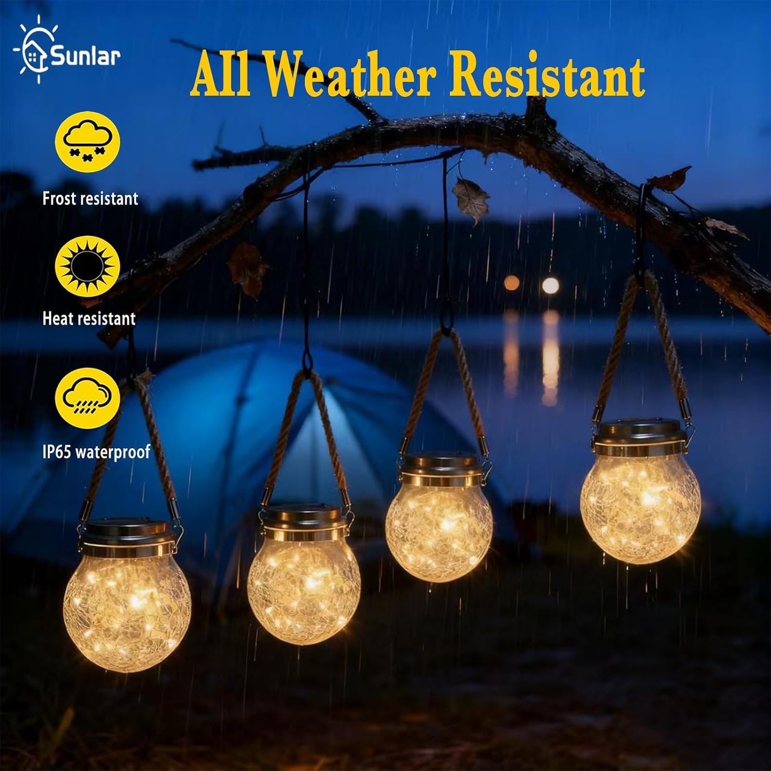 2pack Solar Warm Lights Hanging Crackle Glass Globe jar Lantern - Dawn-Inspired Porch & Garage, LEDs Outdoor Decorative Garden Balls, Perfect luz para Exterior or Luces para Patio