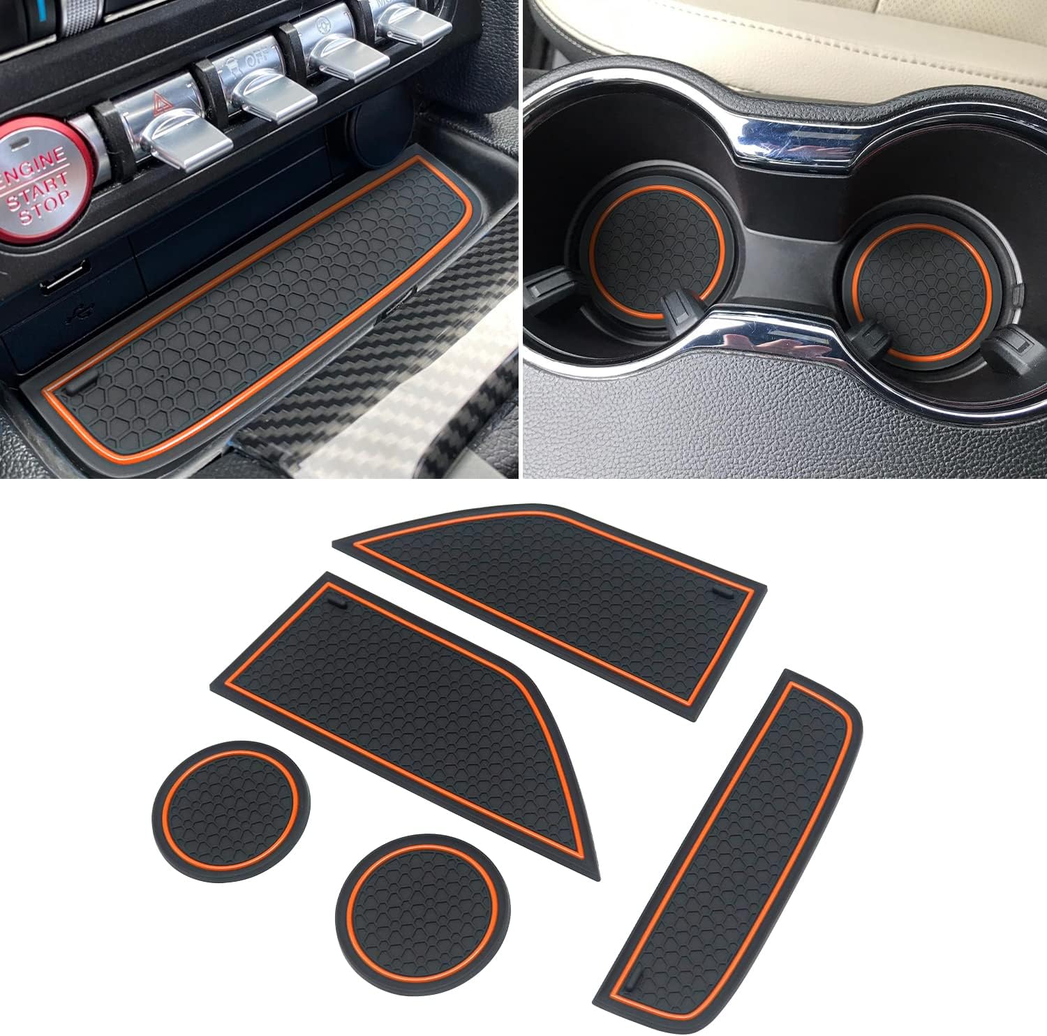 Fits for Ford Mustang Accessories 2015-2020 2021 2022 2023 Custom Cup Holder Insert, Center Console Liner Organizer Door Pocket Mats Pad (5Pcs Set, Orange Trim)