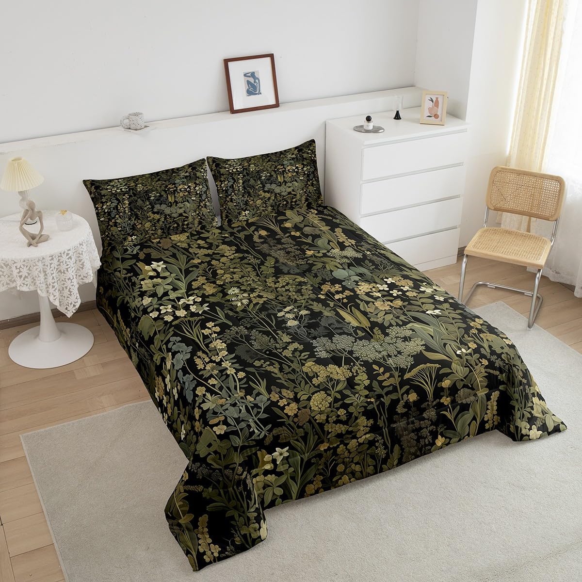 Retro Botanical Comforter Set Full Size,Dark Green Leaves Bedding Sets 3Pcs for Kids Teens Adult Room Decor,Tropical Fern Plants Quilted Duvet Rustic Farmhouse Style Down Comforter,2 Pillowcases