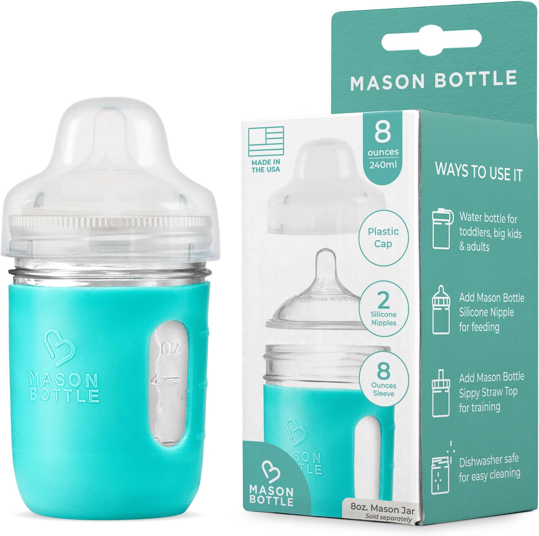 8 oz. DIY Kit: BPA-Free Glass Baby Bottles You Can DIY Using Mason Jars from Home, Made in The USA.
