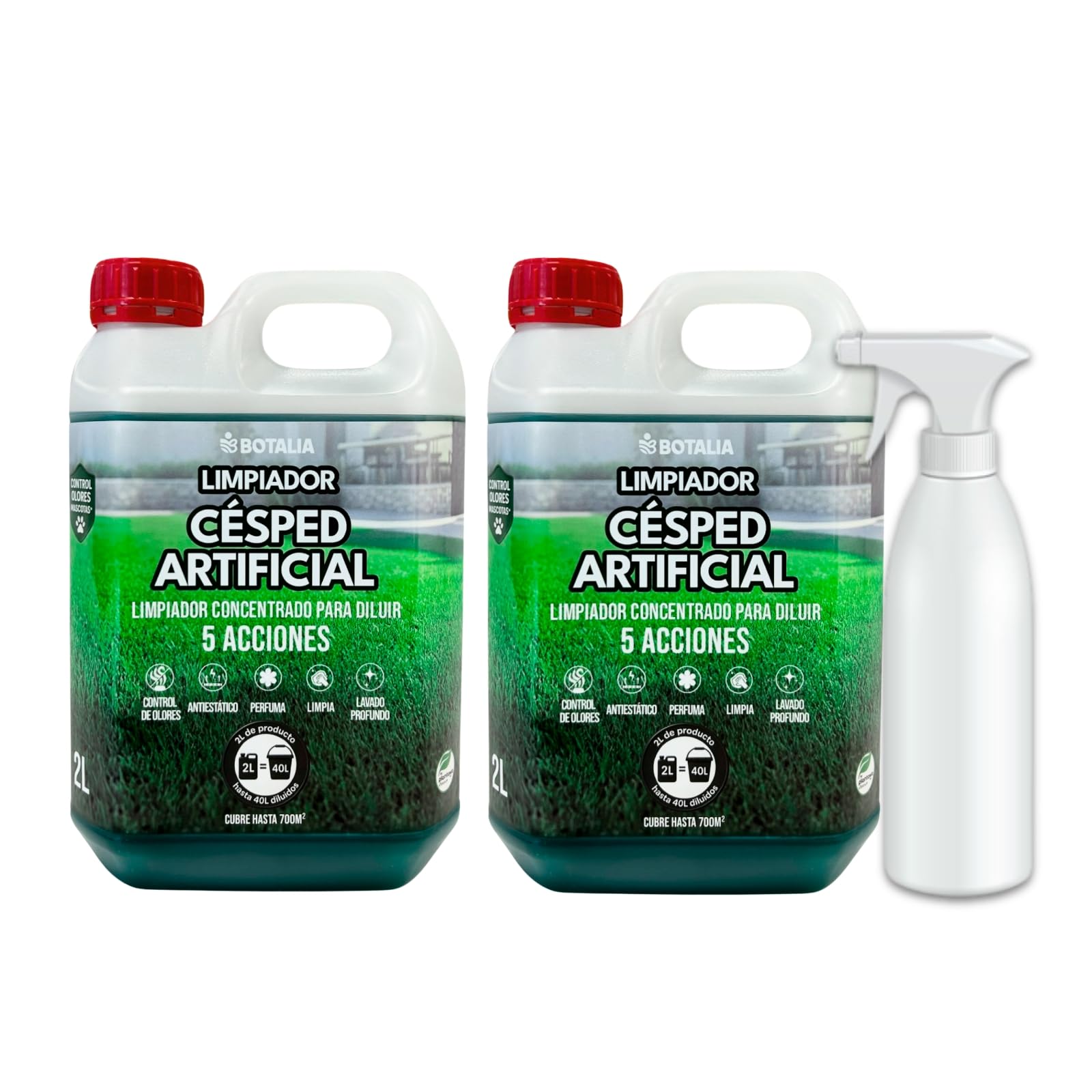 PLANTAWA Confezione da 2 x detergente per prato artificiale da 2 l + spray | pulisce erba artificiale e siepi | Confezione risparmio con aroma fresco | pulizia profonda per giardini e terrazze