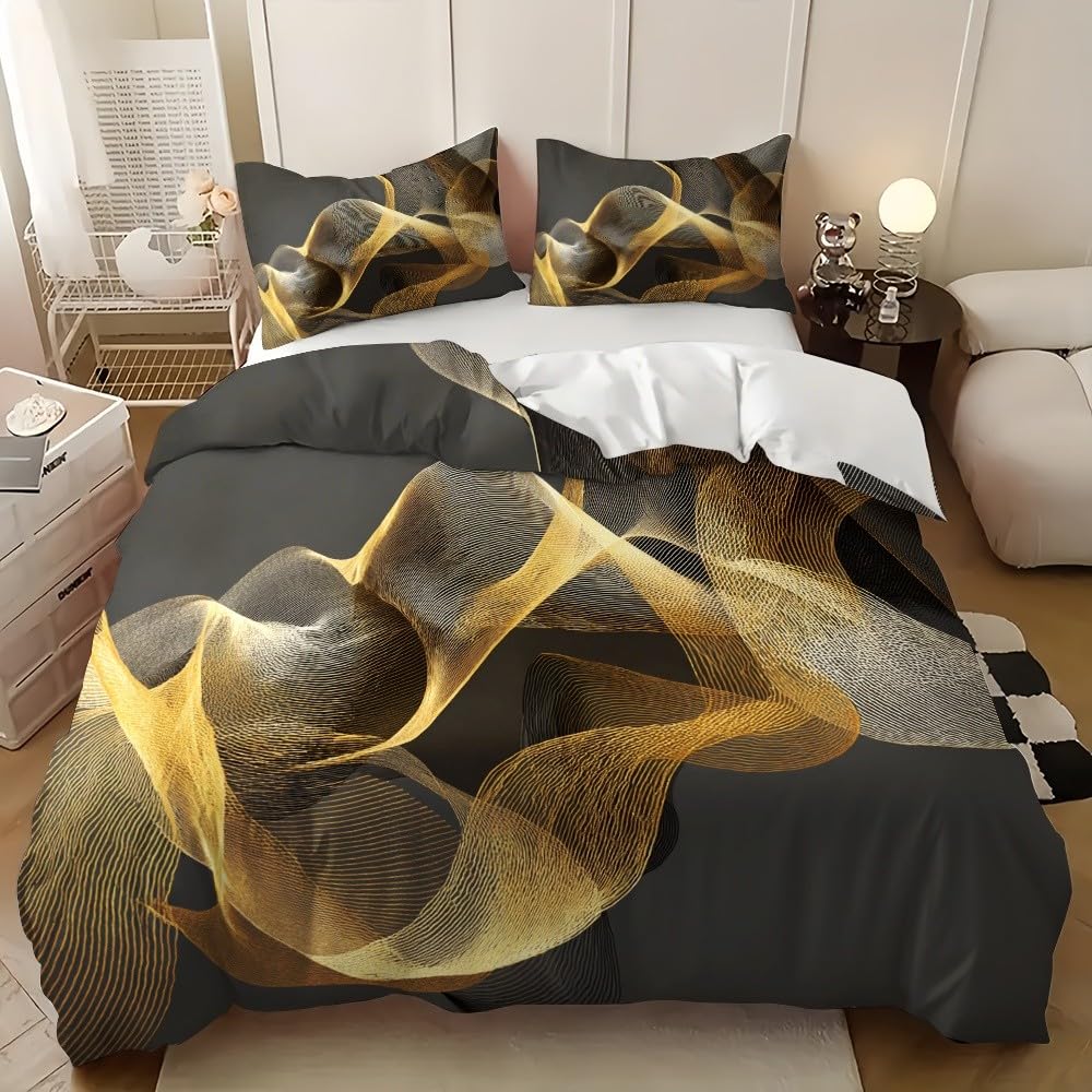 Housse de couette 200x200 microfibre hypoallergénique et douce grise et dorée