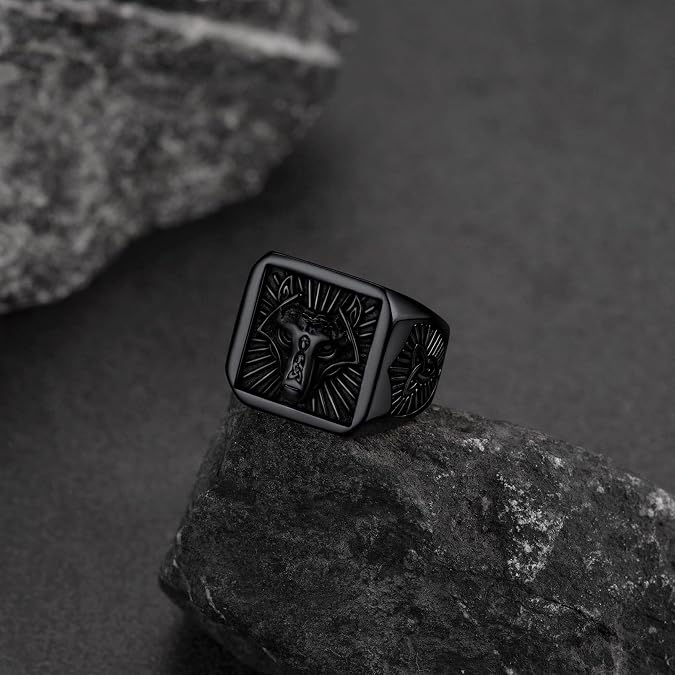 FaithHeart Wolf Head Signet Rings for Men Women Stainless Steel Norse Viking Ring Size 7/8/9/10/11/12/13/14 Personalized Custom