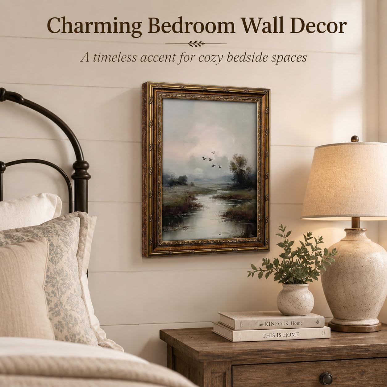 WEZEIIU Vintage Gold Framed Landscape Wall Art,Rustic Farmhouse Landscape Artwork Canvas Prints,Ducks Flying Over Misty River Wall Decor Art Print for Living Room Bedroom Home Decoration image 2