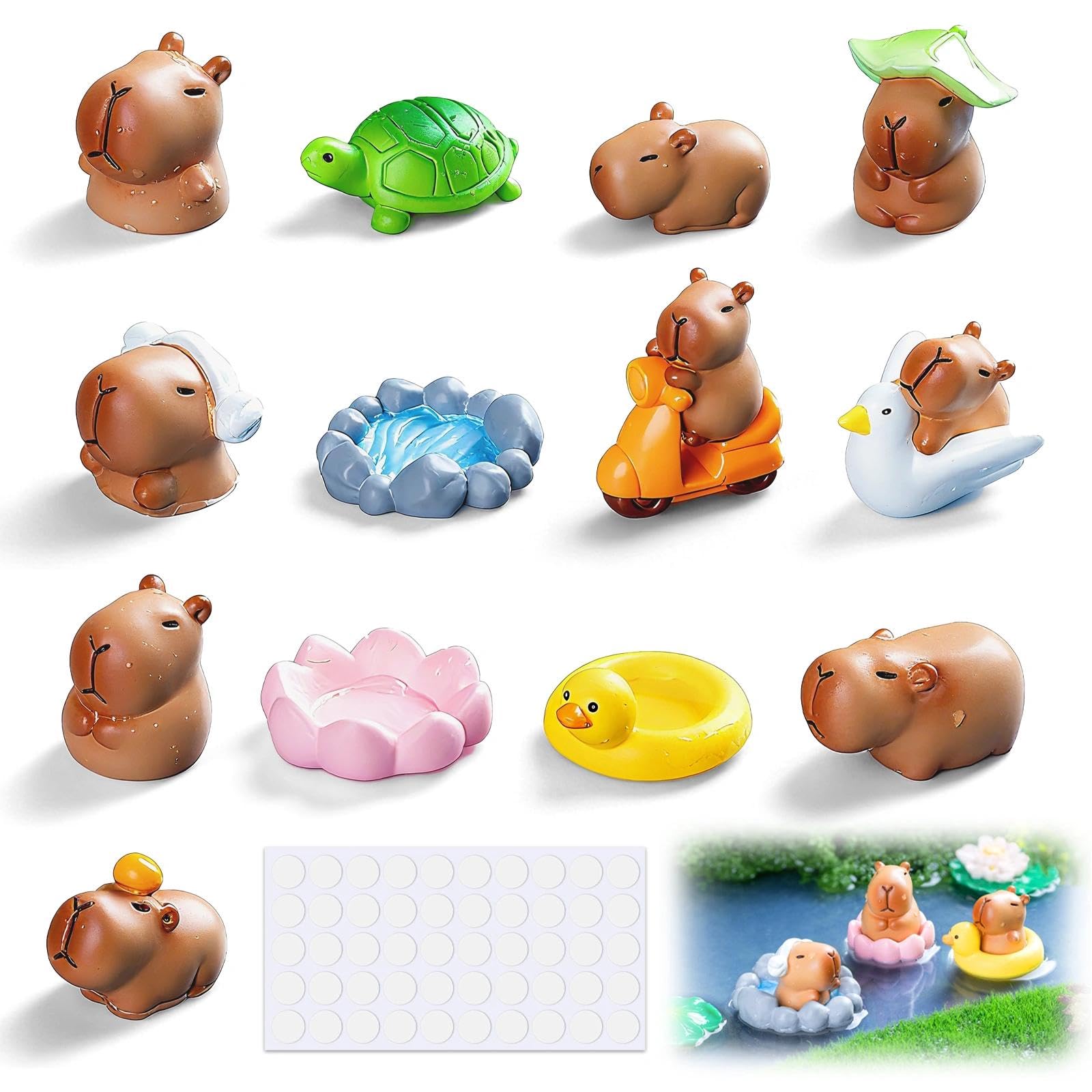 FeiFanChoice Resin Animals Capybara, 13PCS Mini Animals with 50pcs Double Sided Sticky Dots, Capybara Resin Animal for Desk Tabletop Decoration, Collectibles & Creative Displays