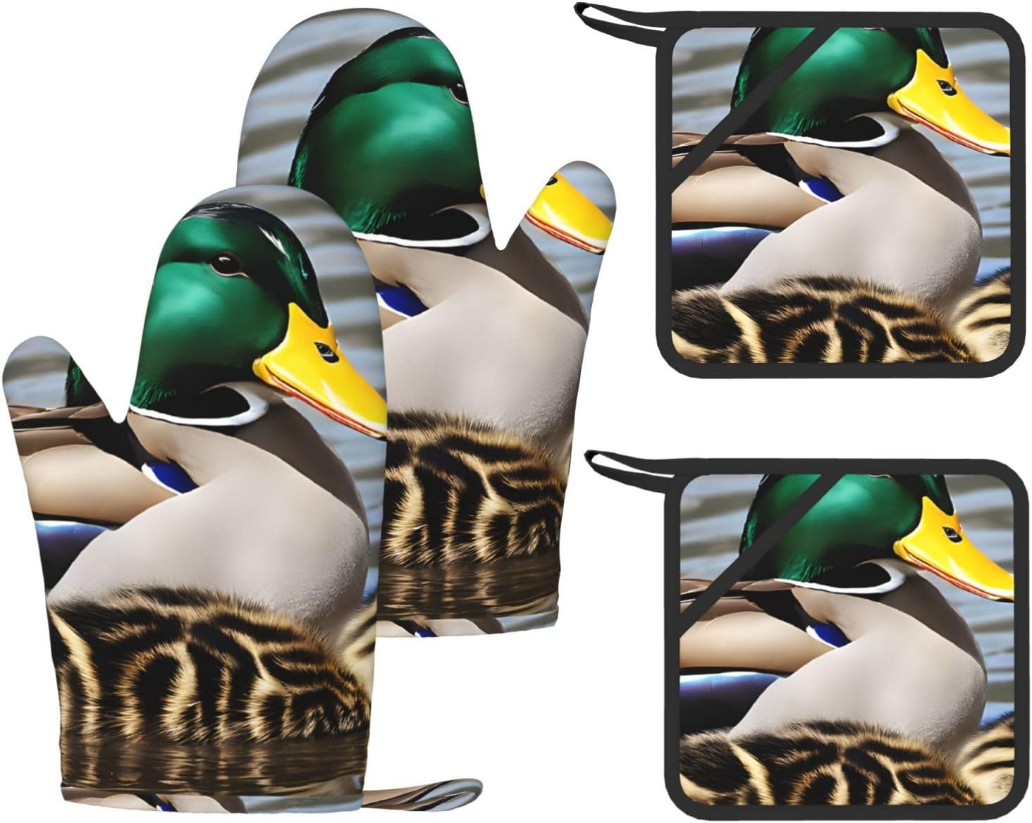 Mallard Duck 4pcs Oven Mitts and Pot Holders Sets for Kitchen, Silicone Oven Gloves Non-Slip Potholders Hot Pads for Baking Cooking