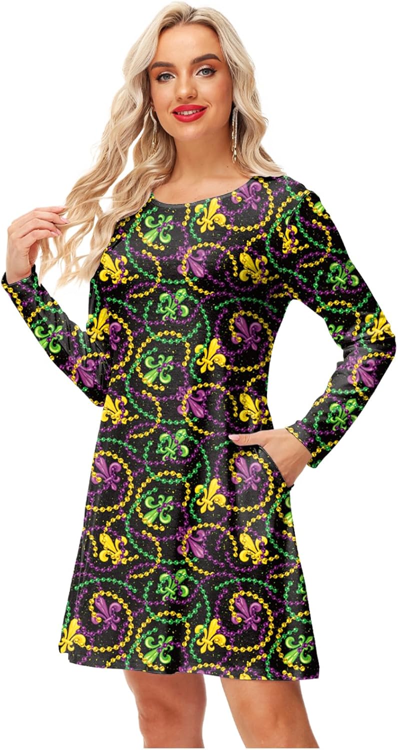 Women St Patricks Dress Long Sleeve Mardi Gras Holiday Printed A Line Dresses with Pockets - Image 5