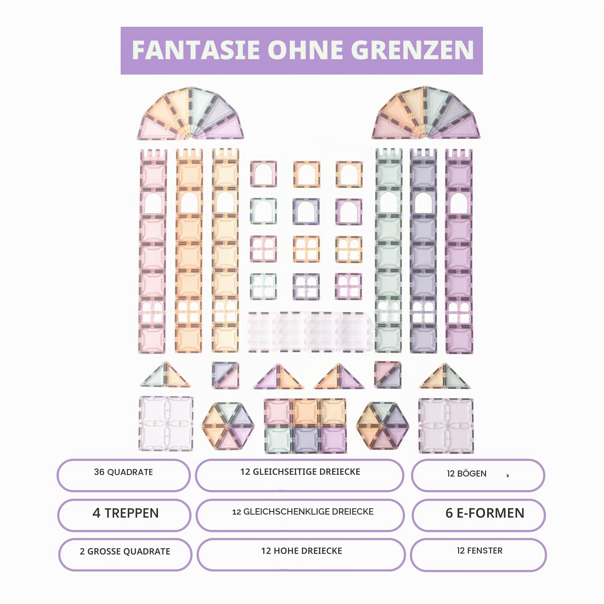108-teiliges Palatial Set: Premium Magnetbausteine in Pastellfarben für Kinder | 3D Mint Konstruktionsspielzeug | Pädagogisch wertvoll, extra Starke Magnete, ab 3 Jahren