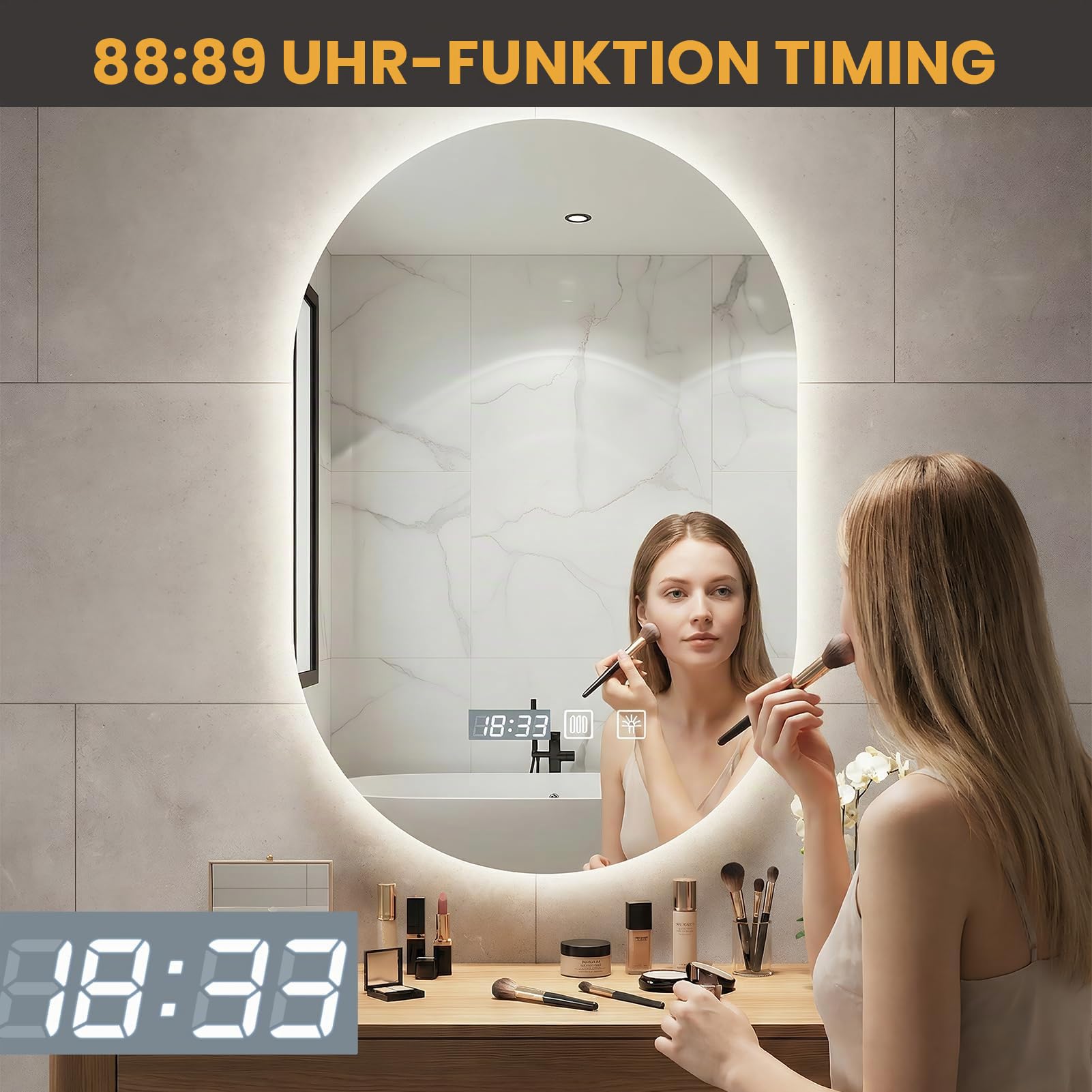 Badspiegel mit Beleuchtung,75x50cm Wandspiegel,LED Spiegel,3 Lichtfarbe Dimmbar,Kosmetikspiegel Schminkspiegel,Badezimmer-Wandspiegel,Antibeschlag,Touch-Schalter, IP44,Horizontal/vertikal