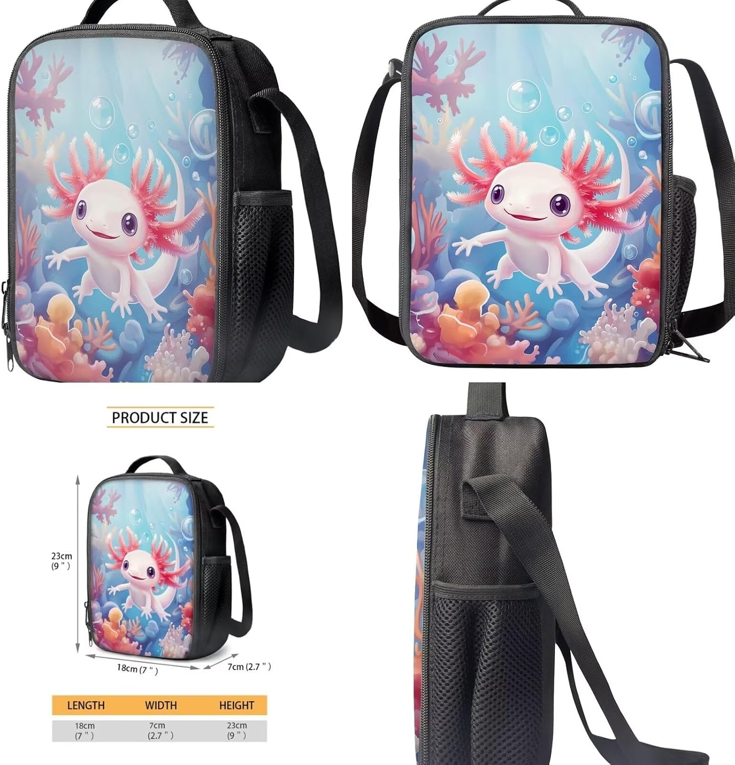 COEQINE Axolotl Backpack for Girls with Lunch Box and Water Bottle 4 Pieces School Bag Set Preschool Backpack for Girls 6-8 2Nd Grade Girls Backpack Bookbag with Water Bottle Sleeve Holder for Travel