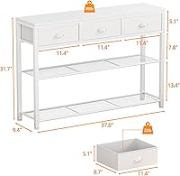 Vista 3 de Furologee White Entryway Table, 38'' Console Sofa Table with 3 Fabric Drawers, Industrial Entry Way Table with Storage Shelves, Display Shelf for
