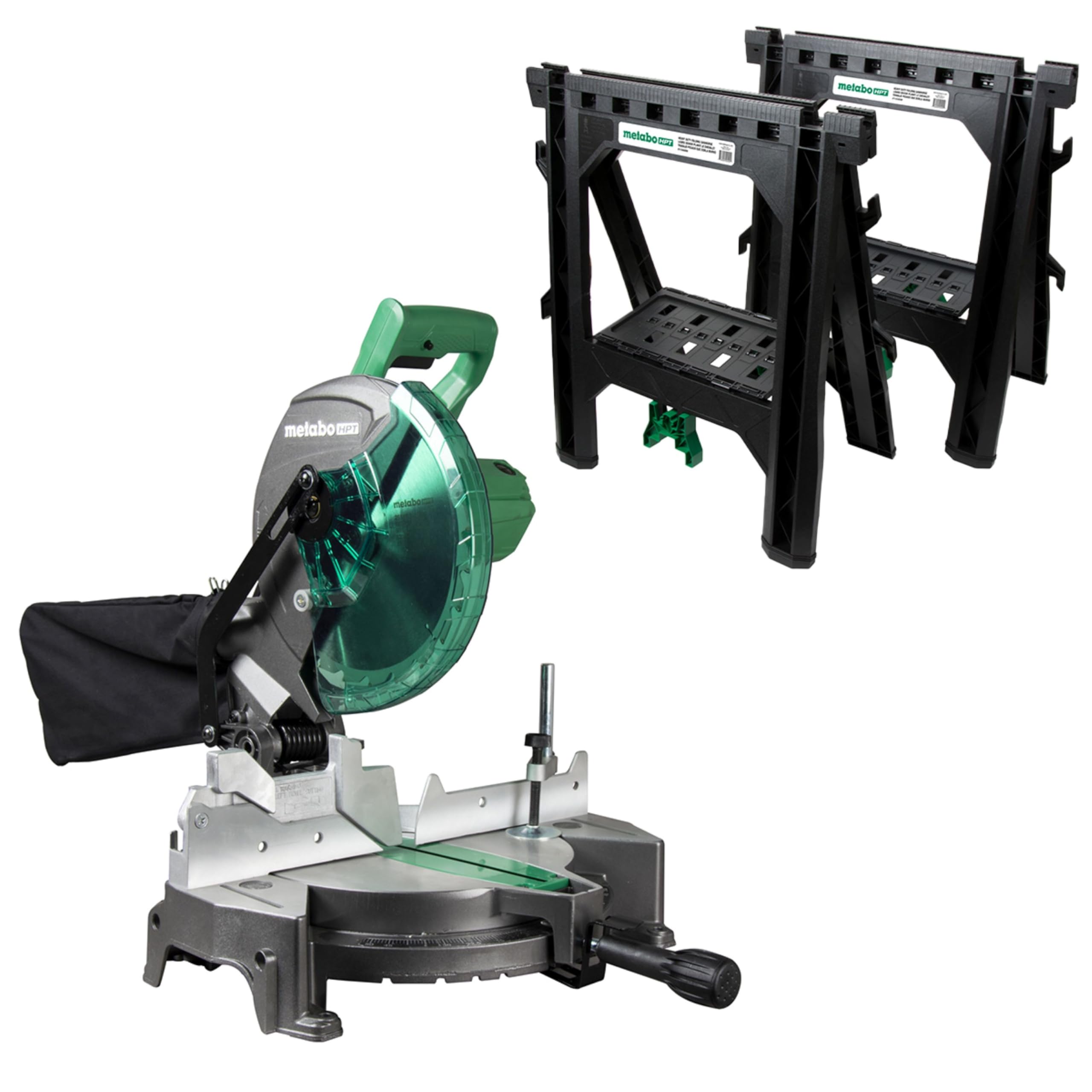 Metabo HPT Compound Miter Saw with Sawhorses Set, 10 Inch & Single Bevel, Large table saw for woodworking, Saw horses 2 Pack Heavy Duty, Weather-Resistant Lightweight Sawhorses, C10FCGS & 115445M