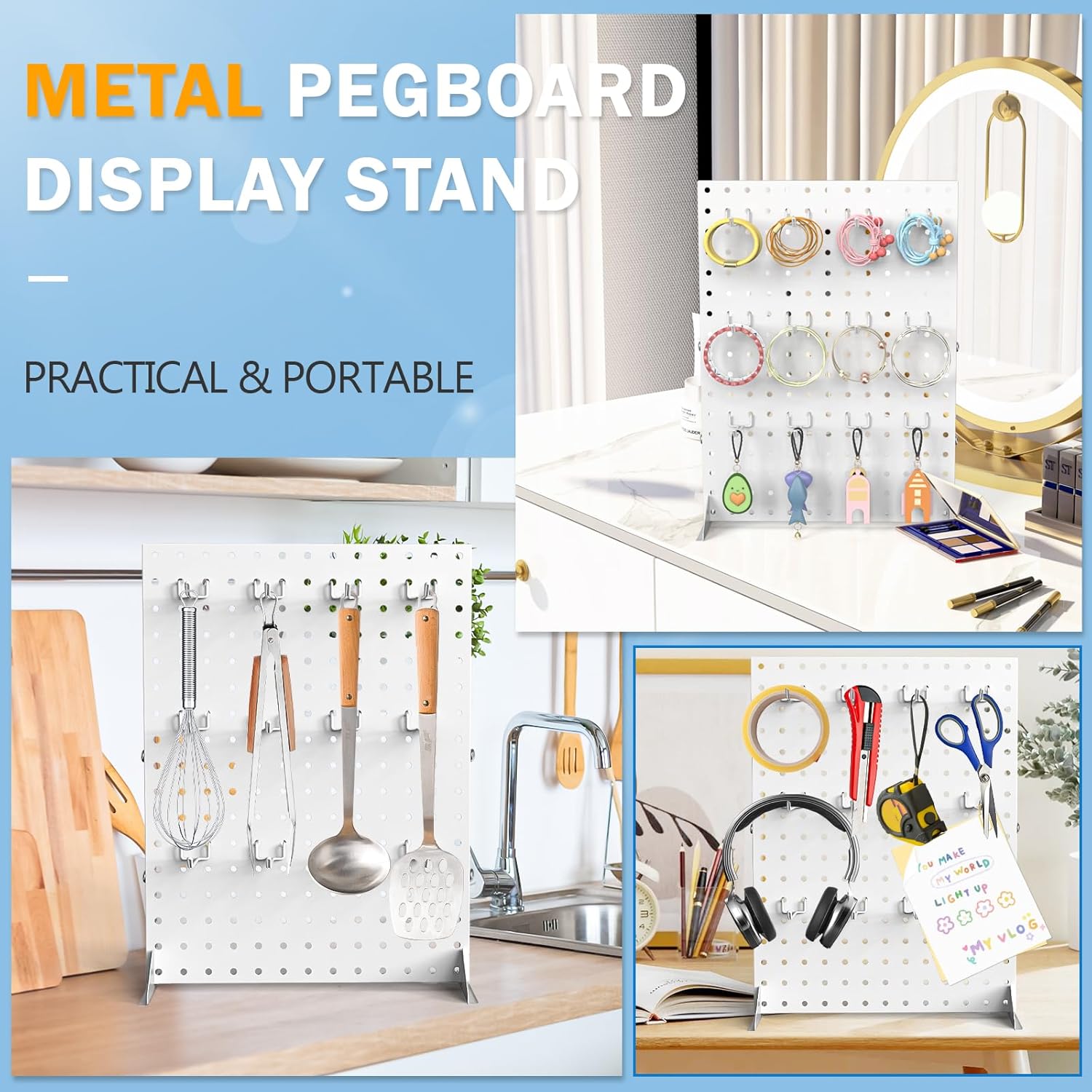 2 Pcs Metal Pegboard Display Stand with 24 Peg Hooks for Retail Crafe Shows&Fairs,White Merchandise Display Rack for Seling Accessories,Display Stands for Boutique,Stores(16*12 inch)