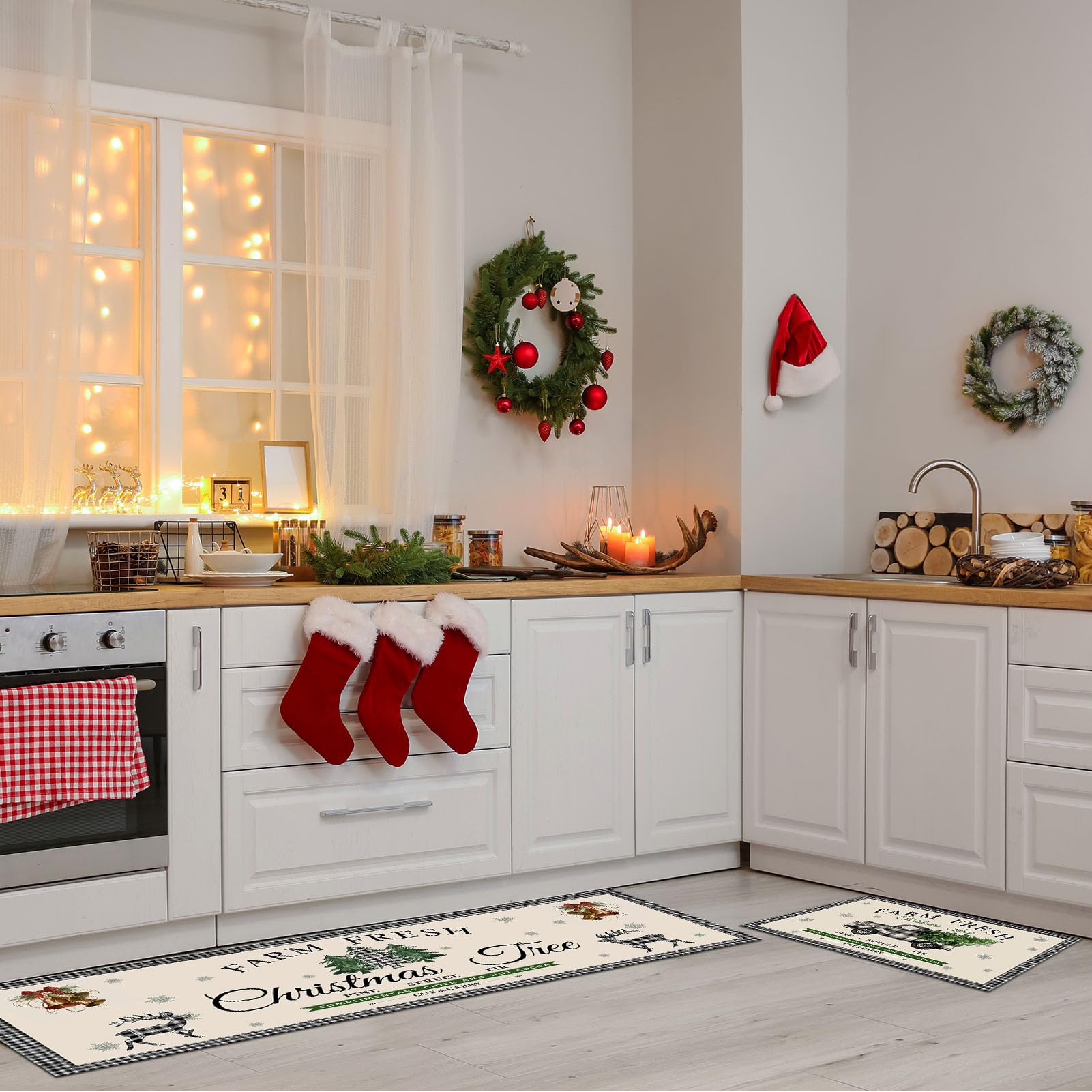 Christmas Farm Fresh - Juego de 2 tapetes de cocina de Navidad, diseño de búfalo, a cuadros, decoración de invierno, árbol de Navidad, camión, cocina, suelo, 43 x 71 cm y 43 x 119 cm