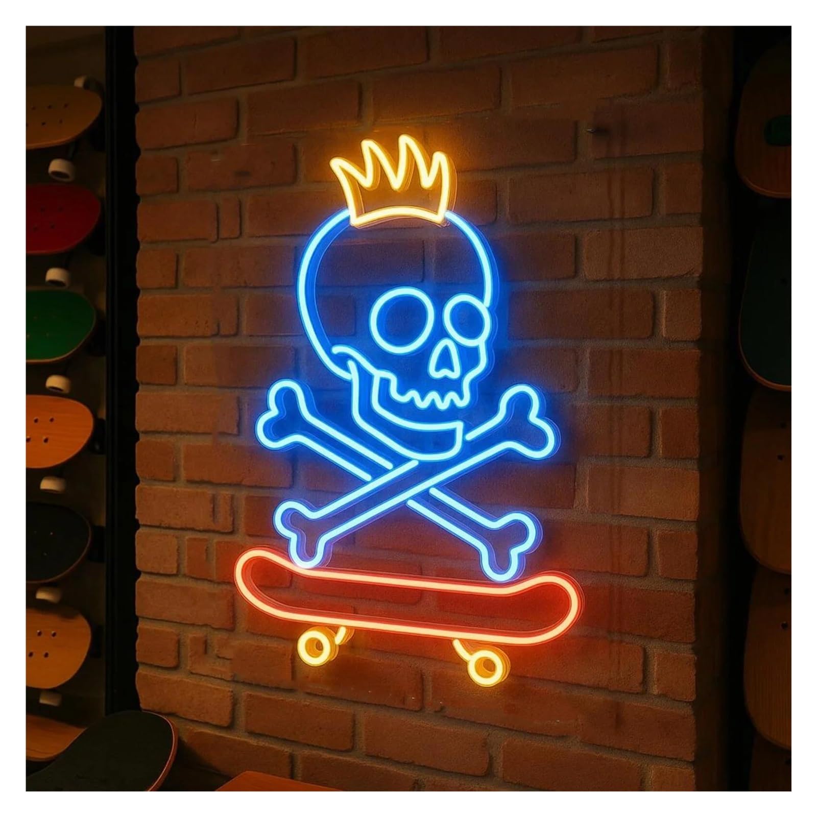 RONGCH Hanging Art Signs Skeleton Skate Neon Sign Adjustable Brightness Skateboard Club Store Game Room Decor 43cm