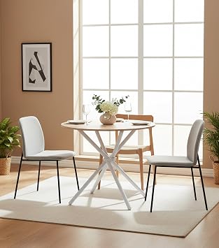 FurnitureR Round Dining Table,80x80cm Modern Style, Metal Frame with Chopstick Designed Leg,Wooden Top,Oak White