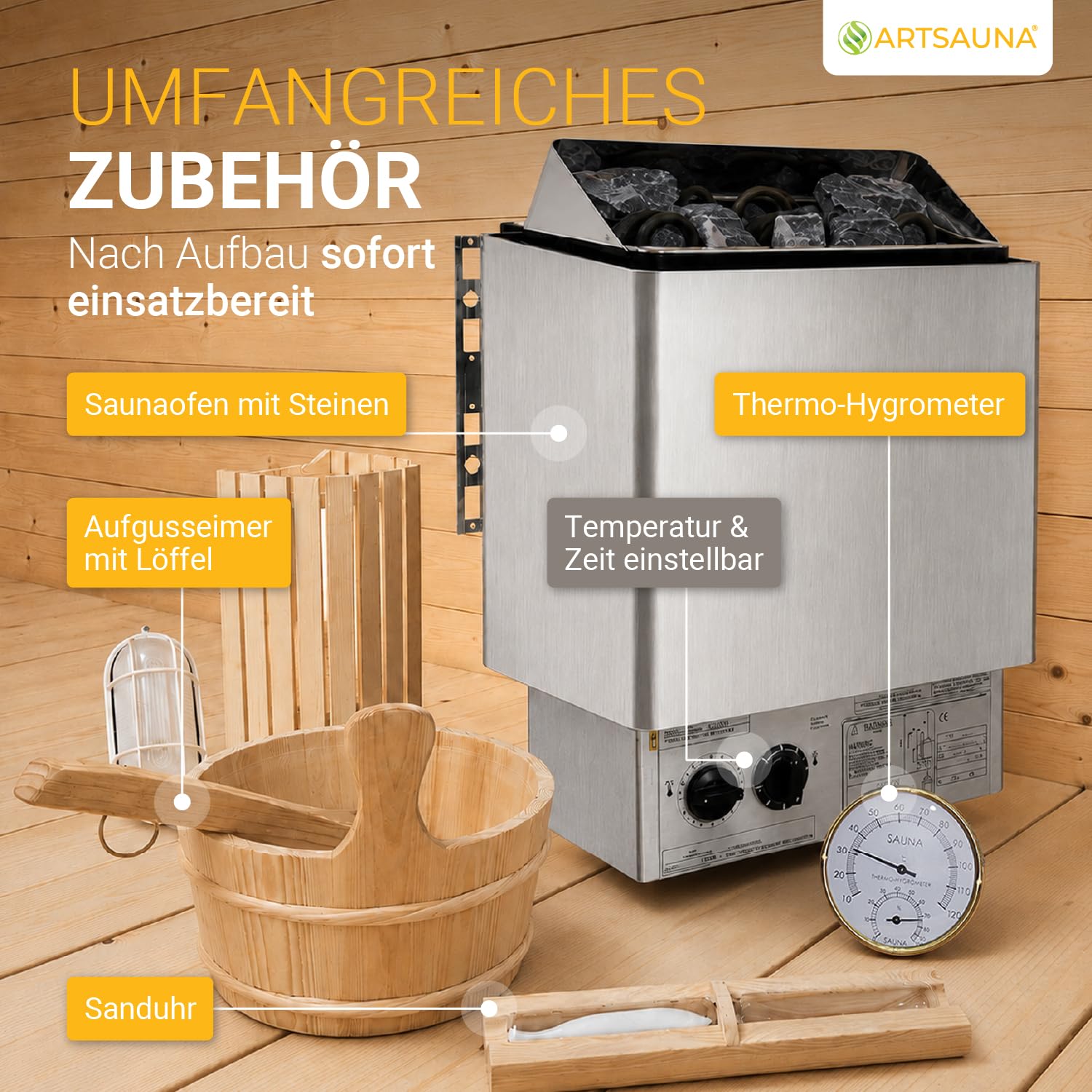 Artsauna Outdoor Fasssauna Spitzbergen 180 für 4 Personen - 6 kW Ofen, Saunasteine & Zubehör - Fichtenholz Außensauna