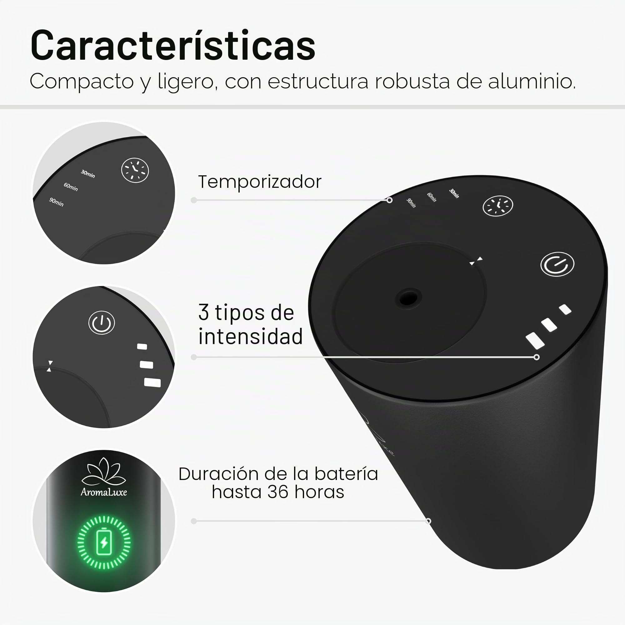 AromaLuxe – Difusor de aroma para aceites esenciales, sin agua, batería recargable, intensidad ajustable y temporizador, aluminio resistente, negro