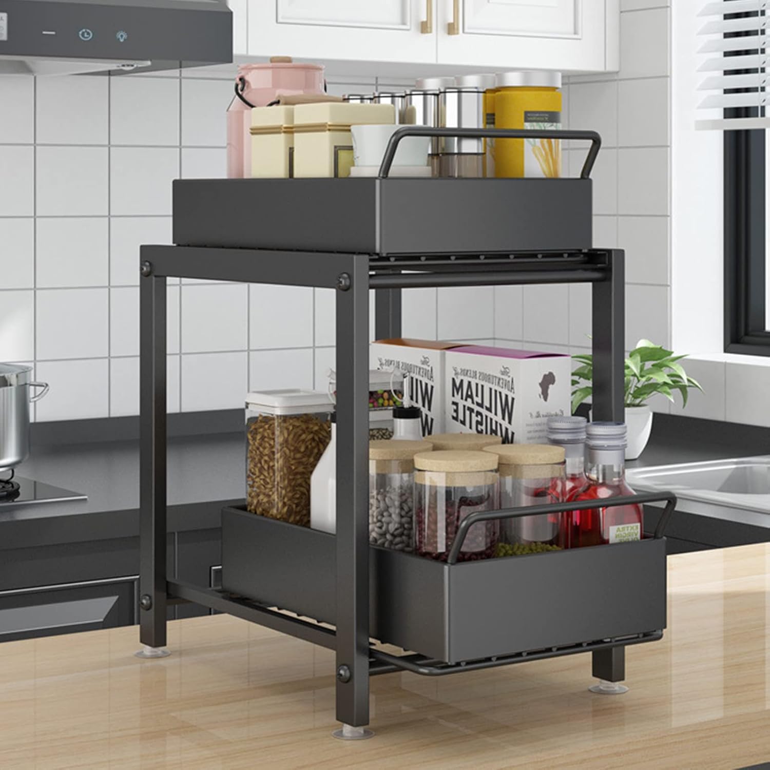 Countertop Cabinet Under Sink Rack, 2-Layer Pull-Out Non-Slip Storage Rack, Kitchen Spice Bathroom Toiletries Storage Organization(Size:22 * 36 * 39,Color:Black) (Black 28 * 36 * 39)