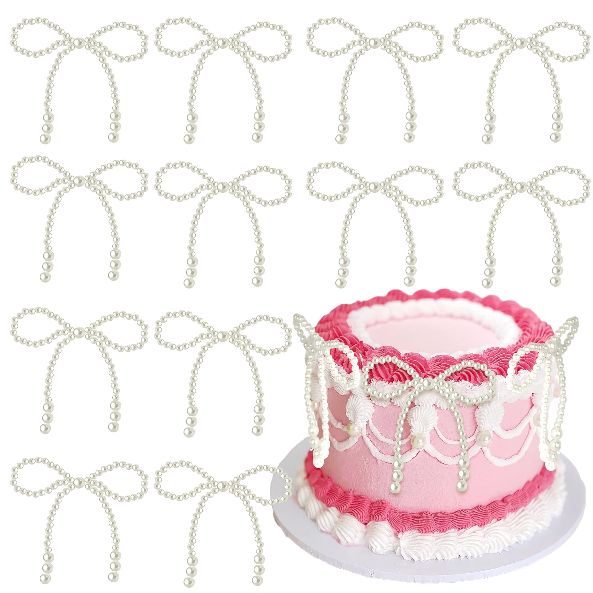 10 Pcs Pearl Bow Cake Toppers, 4.3x3.9 Inches Pink Pearl Beaded...
