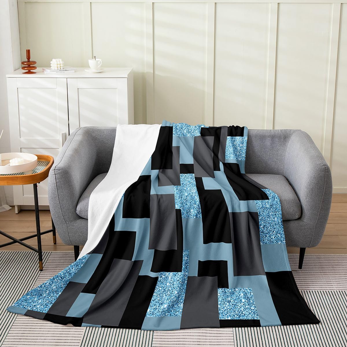 Homewish Niebiesko-szary brokatowy koc flanelowy w kratę Queen Inch