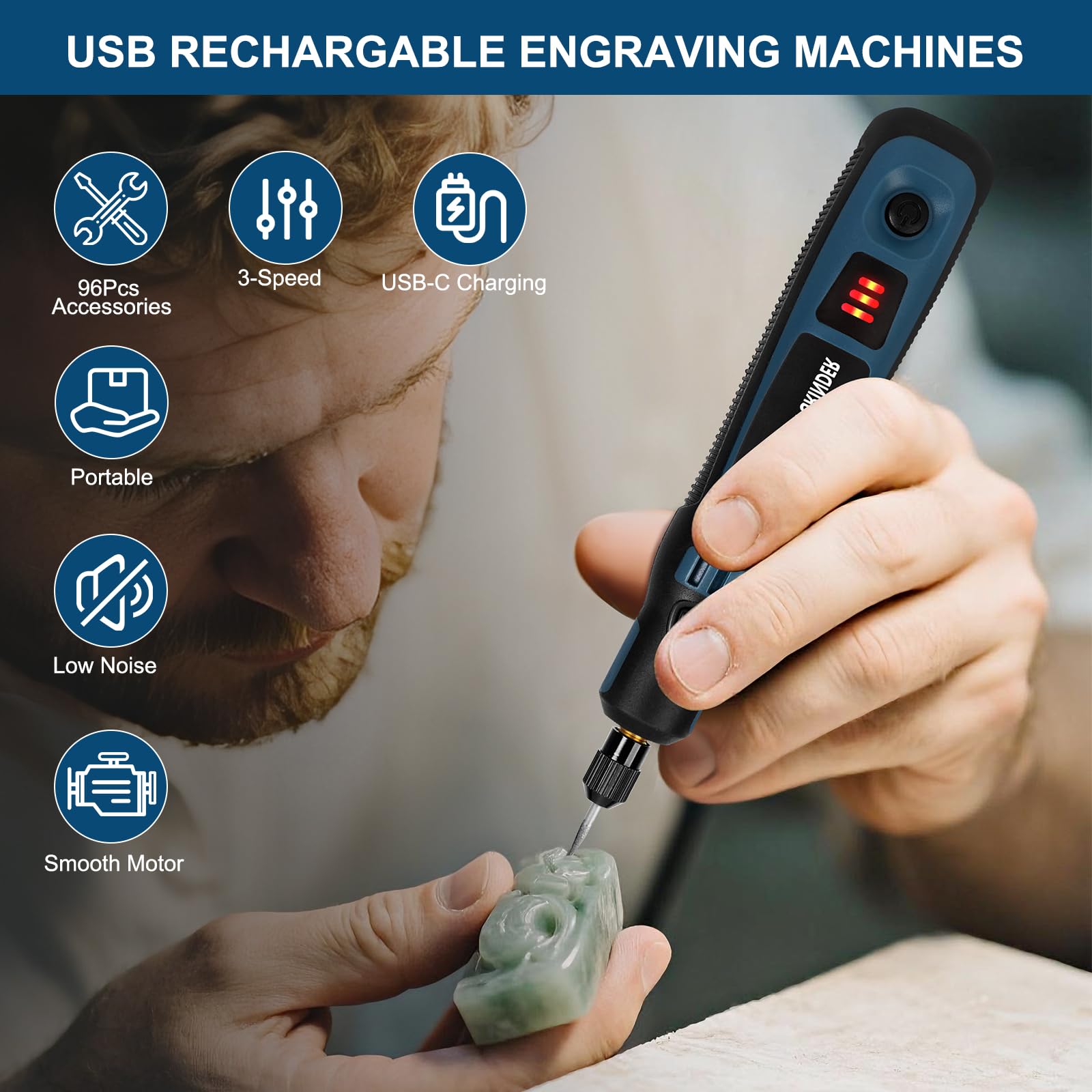 Penna elettrica per incisione con 96 punte, regolabile fino a 15.000 giri/min, ricaricabile via USB, per gioielli, legno, vetro, metallo e ceramica, incisione portatile DIY
