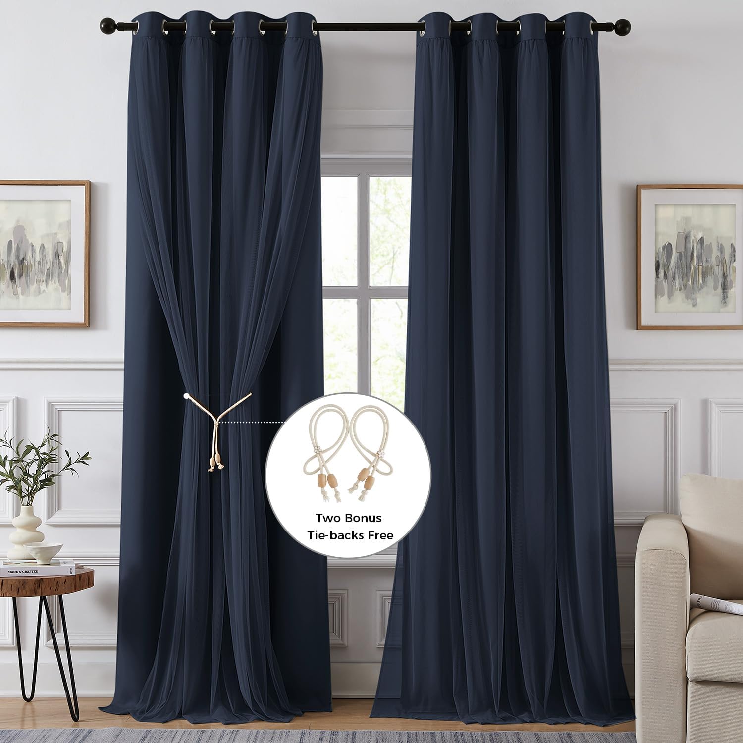 100% Blackout Curtains for Bedroom, Double Layer Navy Blue 63" L image 2
