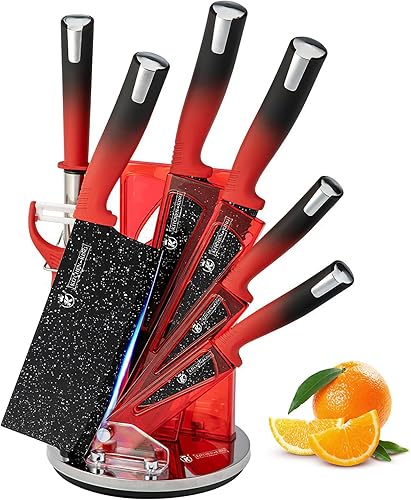 Juego de 8 cuchillos de cocina rojos, juego de cuchillos de chef profesional, juego de bloques de cuchillos de acero inoxidable con pelador y