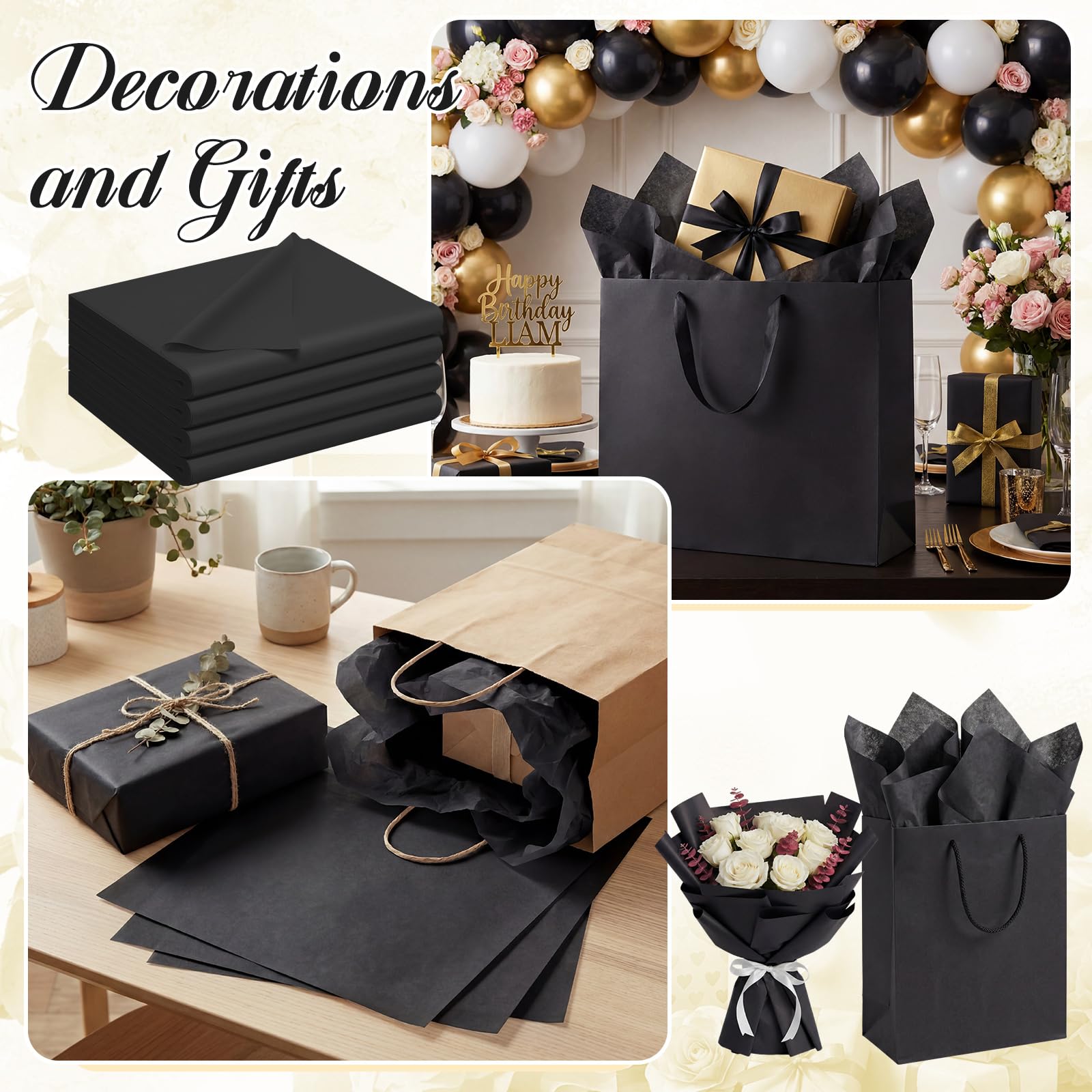 Qilery 500 fogli di carta velina nera per sacchetti regalo, 50 x 76 cm, senza acidi, per decorazioni di nozze, artigianato fai da te, imballaggi per traslochi, feste di nozze