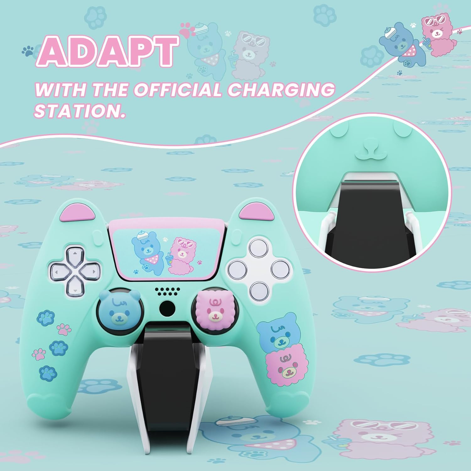 PlayVital Cute Bear Controller Silicone Case for ps5, Kawaii Controller Cover Compatible with Charging Station, Gamepad Skin Protector for ps5 with Touch Pad Sticker & Thumb Grips - Green & Pink - Image 5