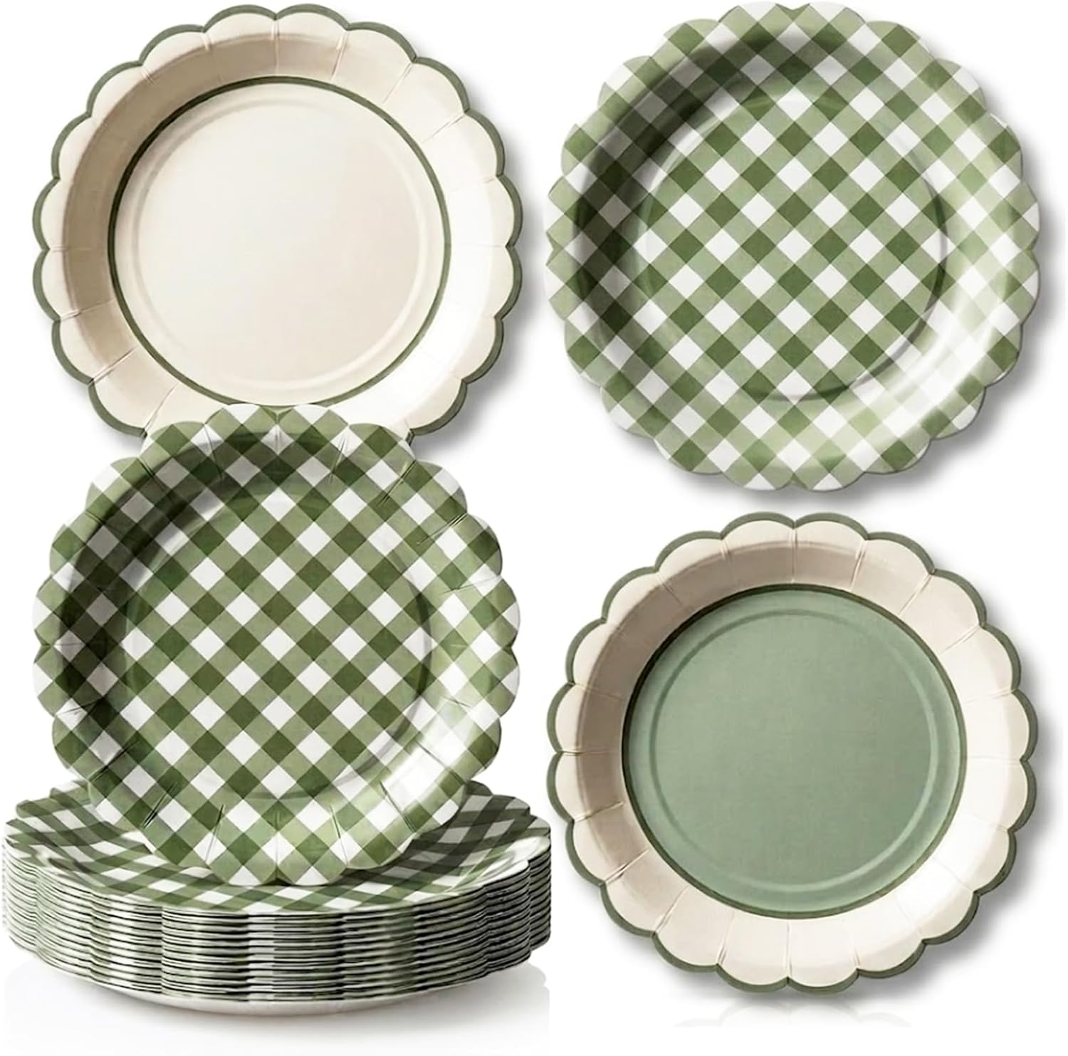60 Pcs Sage Green Gingham Paper Plates 9 Inch Disposable Scalloped Checkered Plaid Dessert Dinner Paper Plates for Camping Wedding Baby Shower Birthday Party Supplies Decorations