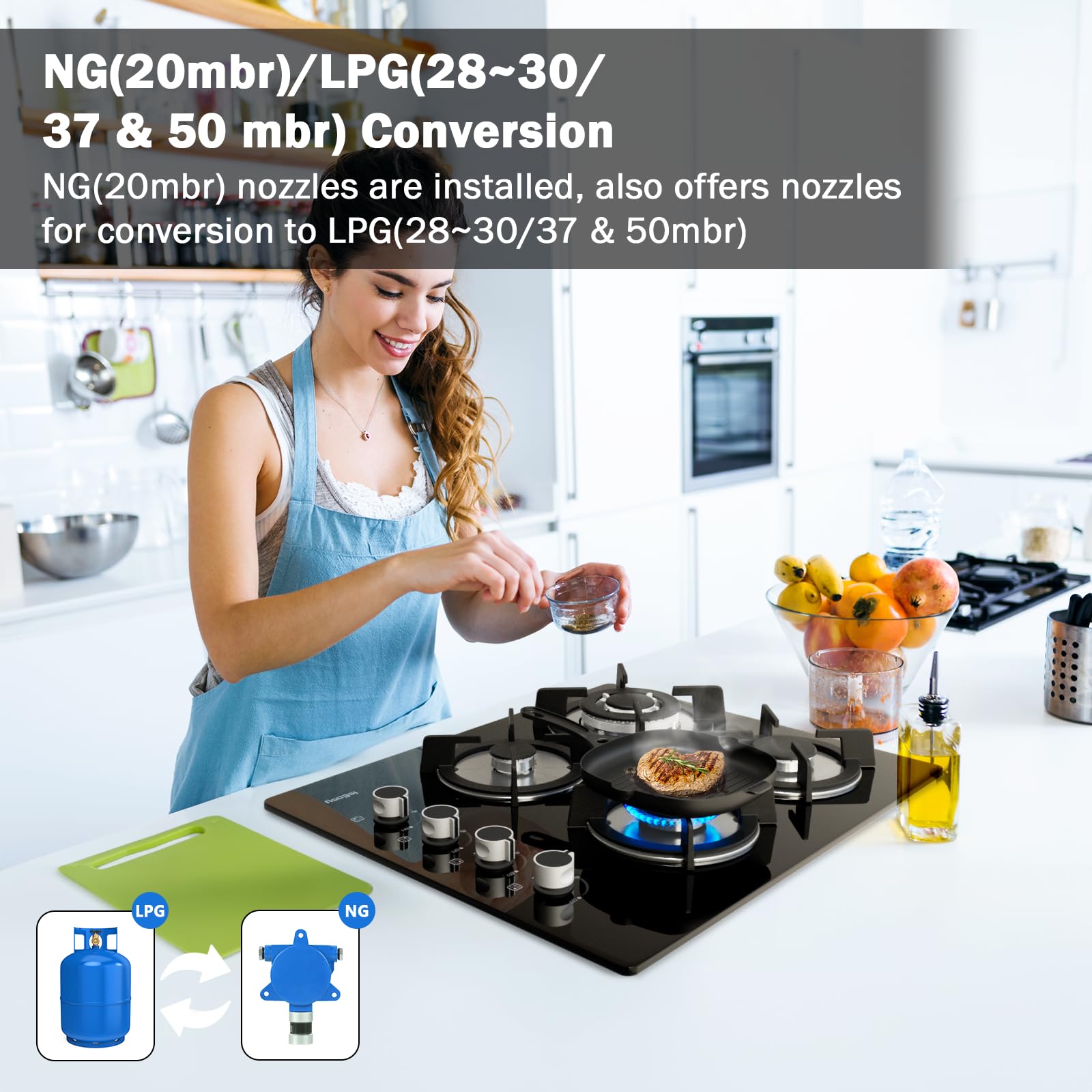 Gas Hob 4 Burners - Glass Hob Black Plug in NG/LPG Gas Hob, 7800W 4 Cooking Areas Built in Glass Cooktop Hob,Thermocouple Protection, Integrated Ignition - 5