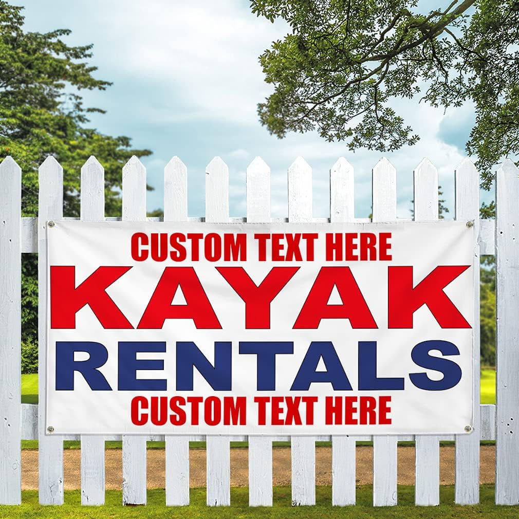 Custom Vinyl Banner Multiple Sizes Kayak Rentals Red Blue B2 Rentals Outdoor Weatherproof Industrial Yard Signs 4 Grommets Personalized Text Here 16x40Inches