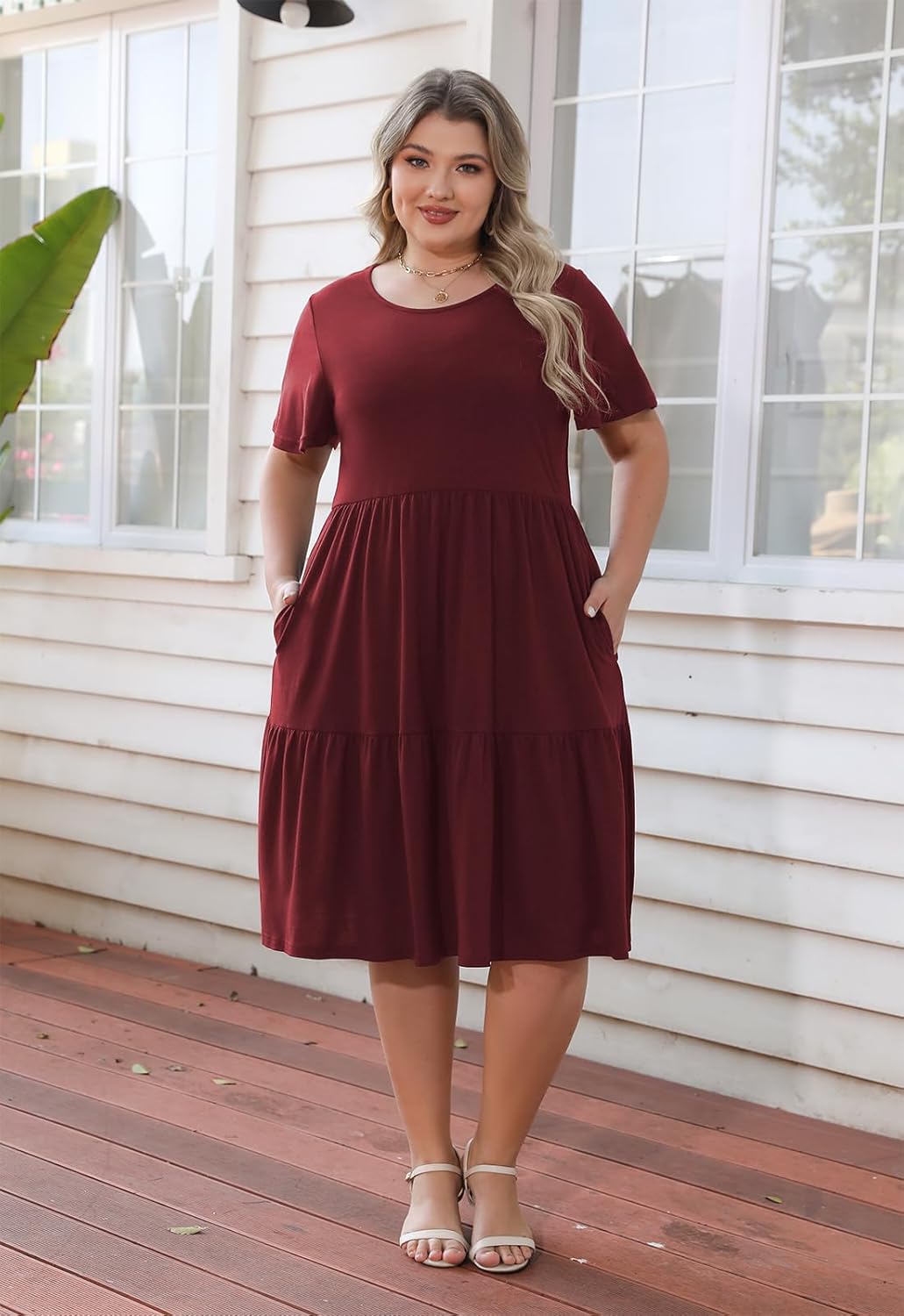 Nemidor Plus Size Summer Midi Dress for Curvy Women, Casual Layered Vintage Swing Dresses with Pockets 16-26 - Image 3