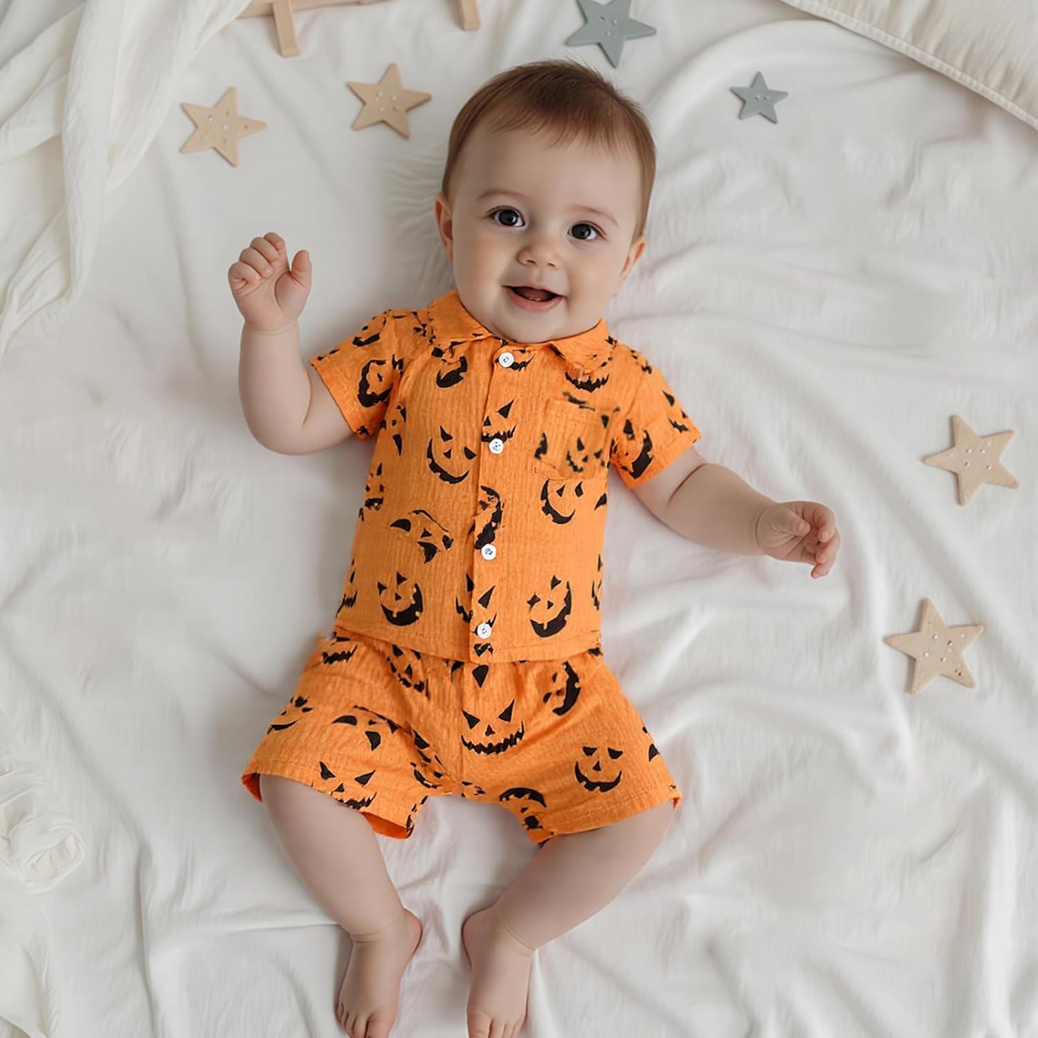 fyclemt Toddler Baby Girl Boy Halloween Pajamas Pumpkin Cotton Linen Long Sleeve Button Down Shirts Pants Kids Sleepwear Pjs