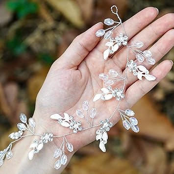 Yean Leaf Wedding Hair Vine Flower Bridal Hair Piece Crystal Rhinestone Long Headband for Women and Girls (Silver)