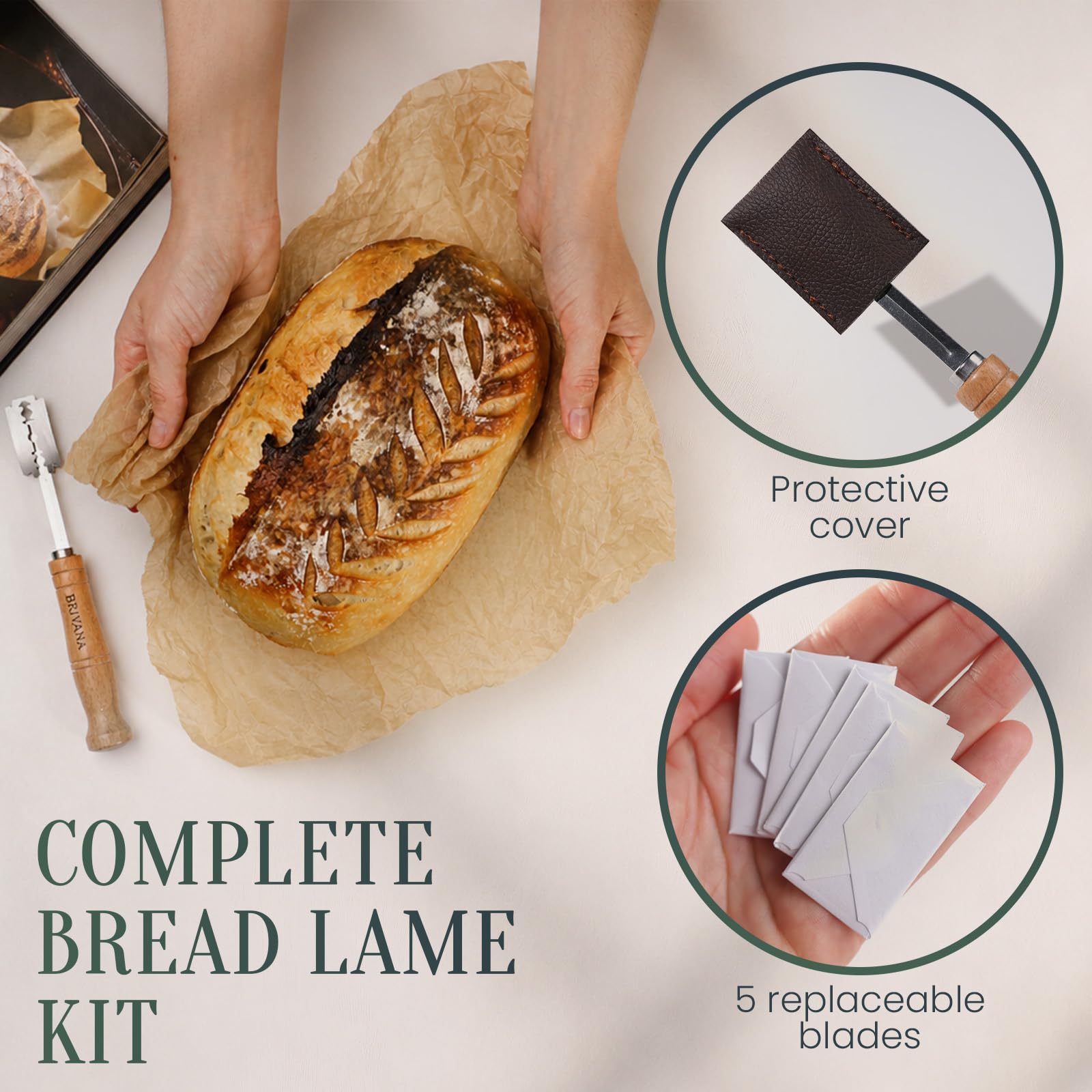 Condition photo showing New/Like New for bread lame sourdough scoring tool, bread scoring tool with beech wood handle, protective cover & 5 replacement blades, dough scoring tool for sourdough bread