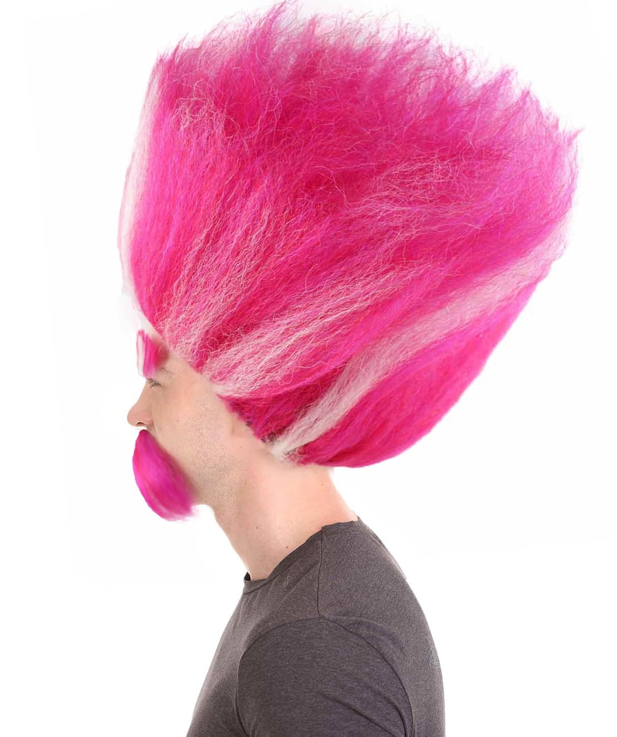 Troll King Wig with Eyebrows and Mustache, Men's Halloween Cosplay for Adults - White & Pink