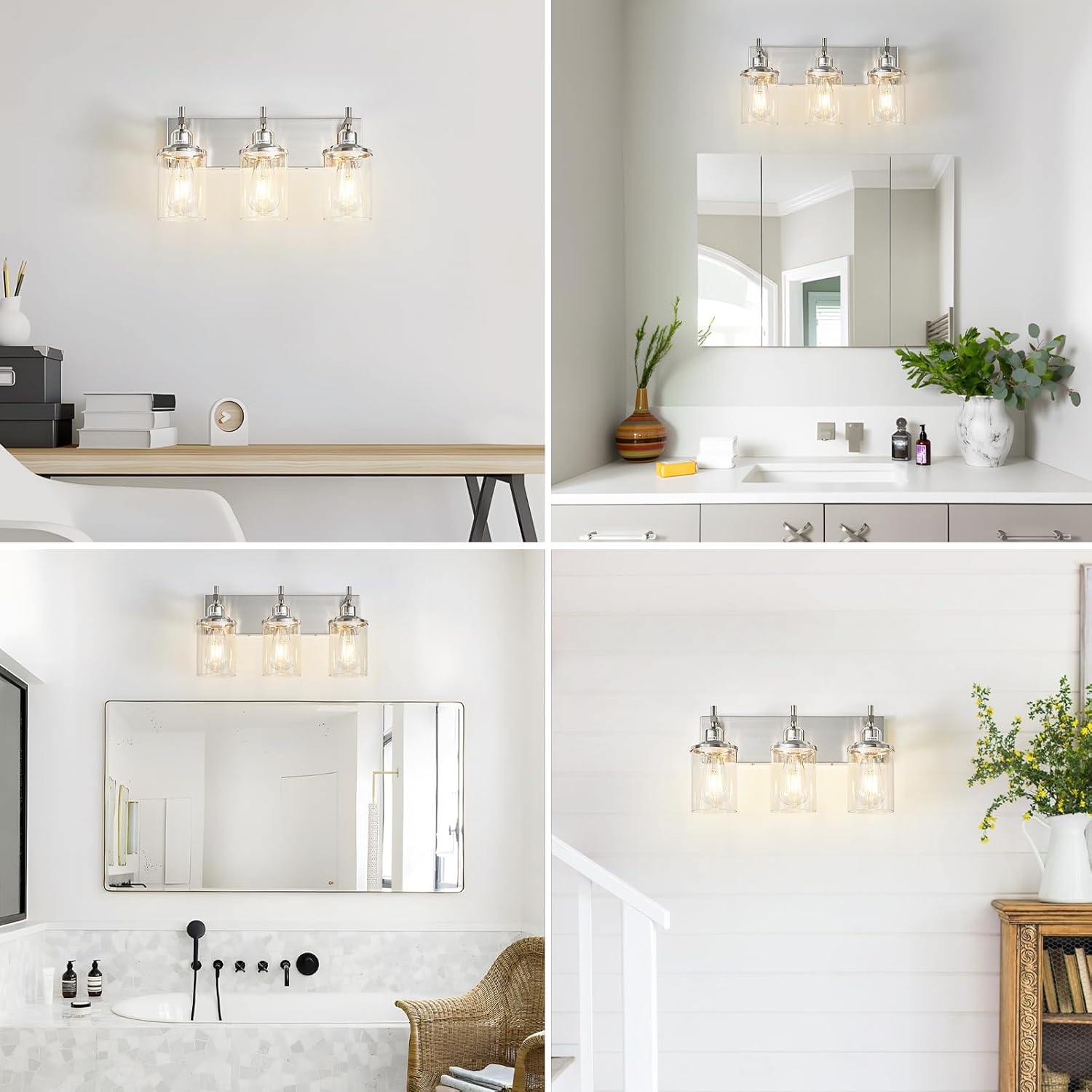 Lanhall 3-Light Brushed Nickel Bathroom Light Fixture Over Mirror Modern Bathroom Vanity Light Vintage Wall Lighting with Clear Glass Shade for Bathroom, Bedroom, Hallway, Cabinet