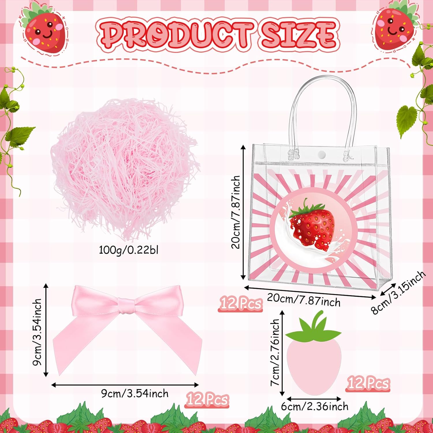 Sweetude 24 Set Strawberry Clear Gift Bags Candy Bag with Handle 8 x 8 x 3 Inch Cute Reusable Plastic Tote Bags with Ribbon Bows for Wedding Birthday Baby Shower Party Supplies