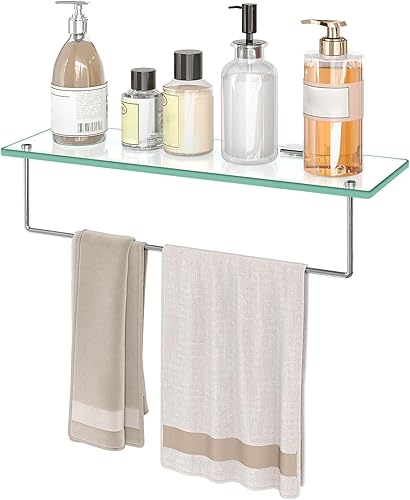 HOOBRO Estantes de vidrio flotante, estante de baño de vidrio de 15.7 pulgadas montado en la pared, estante de vidrio templado con barra de acero